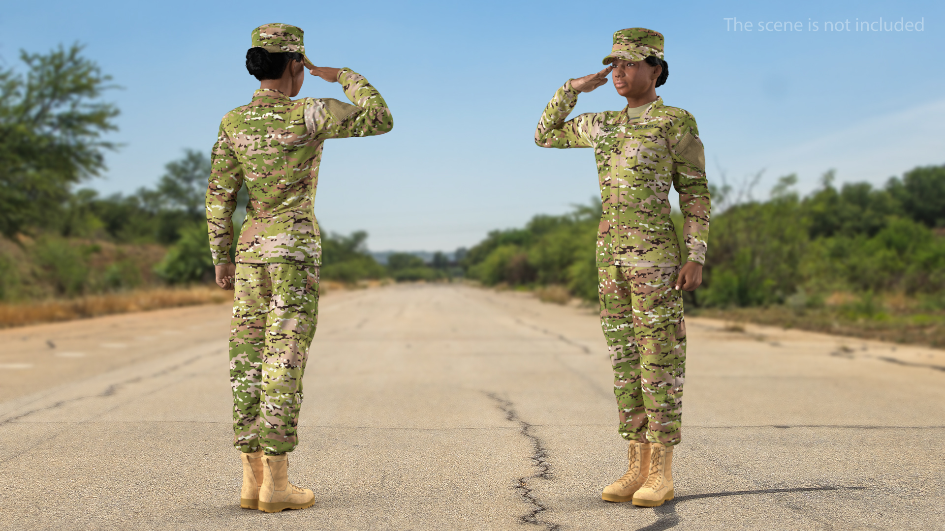 3D model Black Female Soldier Green Camouflage Saluting Pose Fur