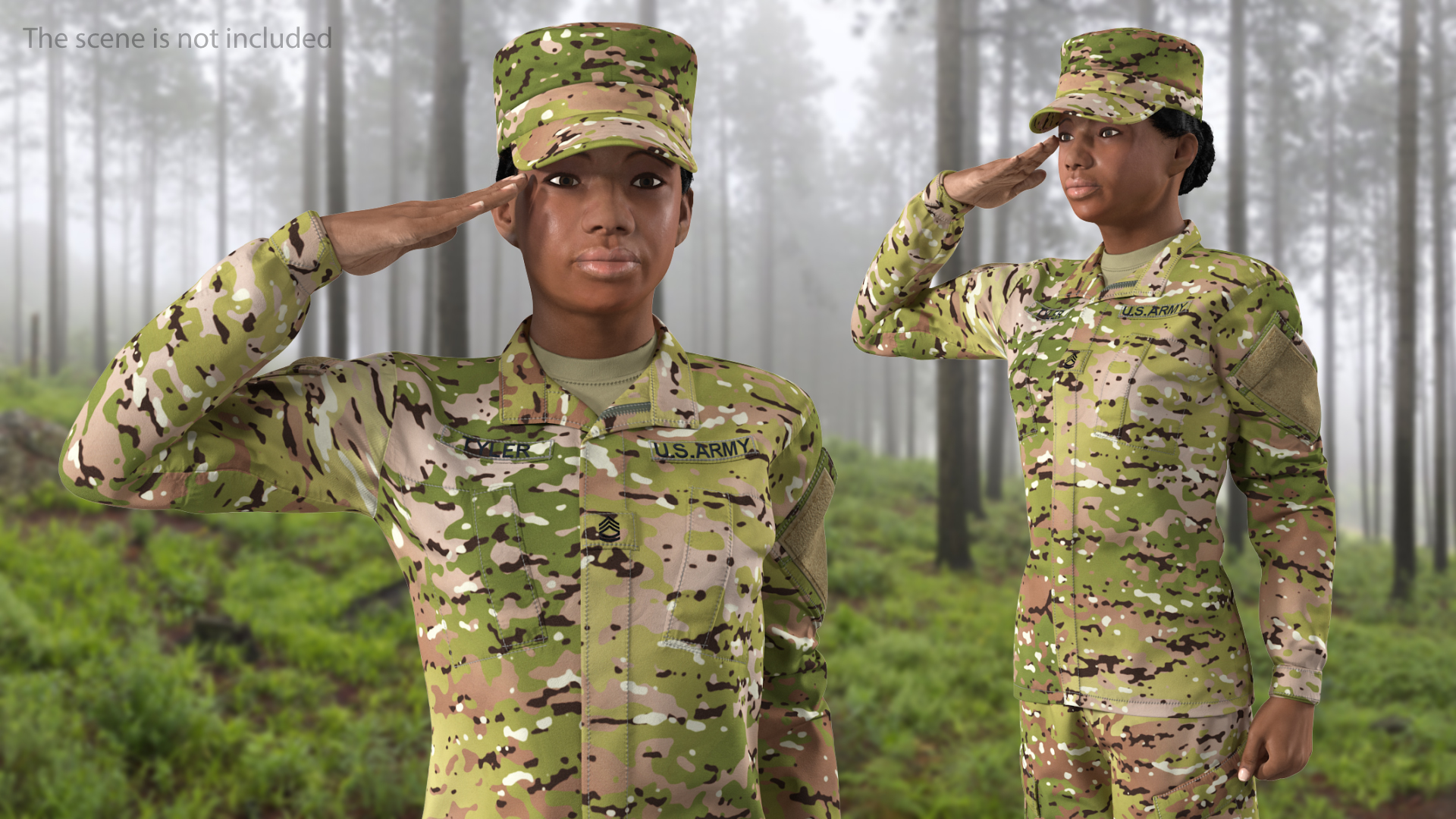 3D model Black Female Soldier Green Camouflage Saluting Pose Fur