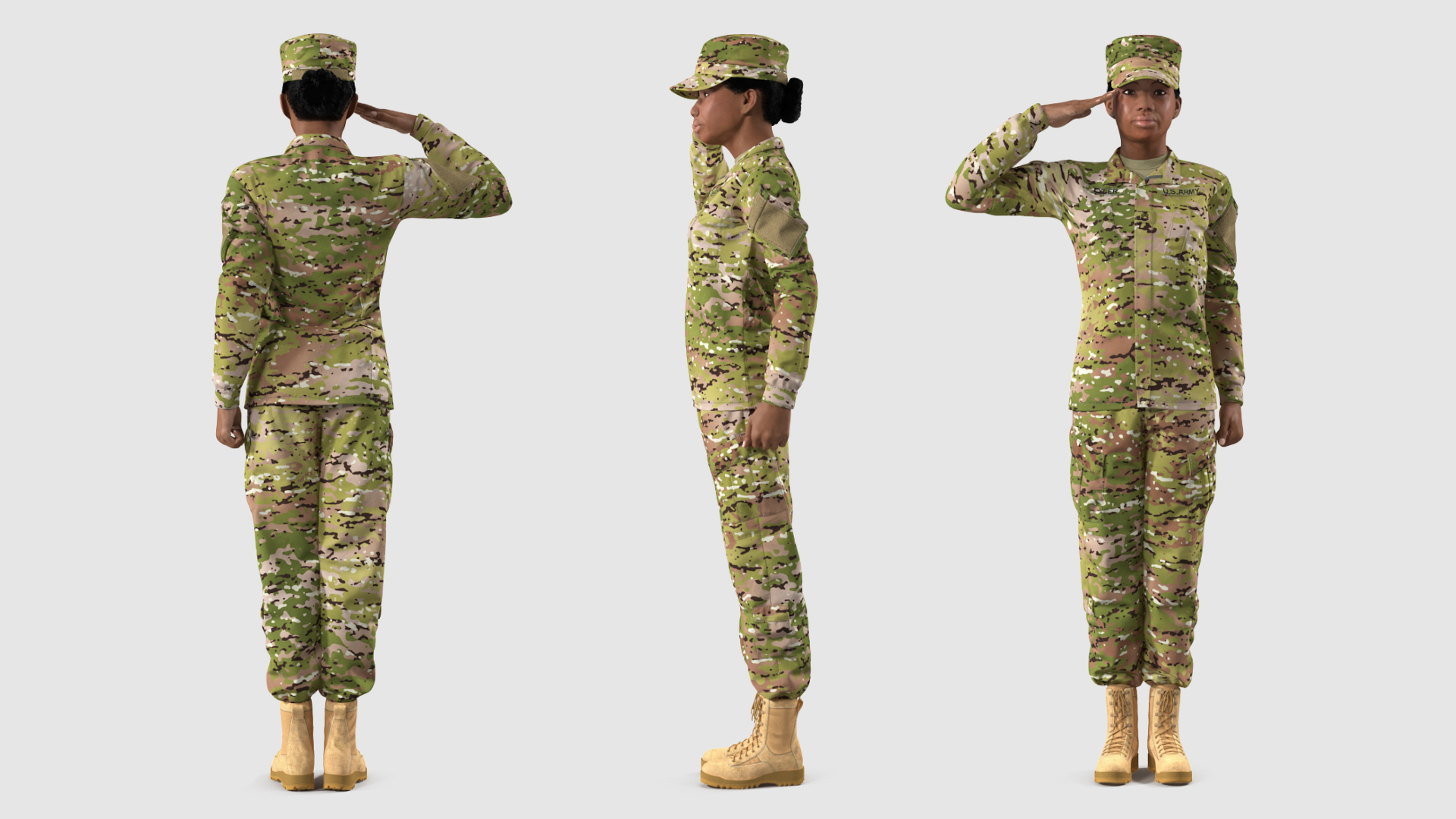 3D model Black Female Soldier Green Camouflage Saluting Pose Fur