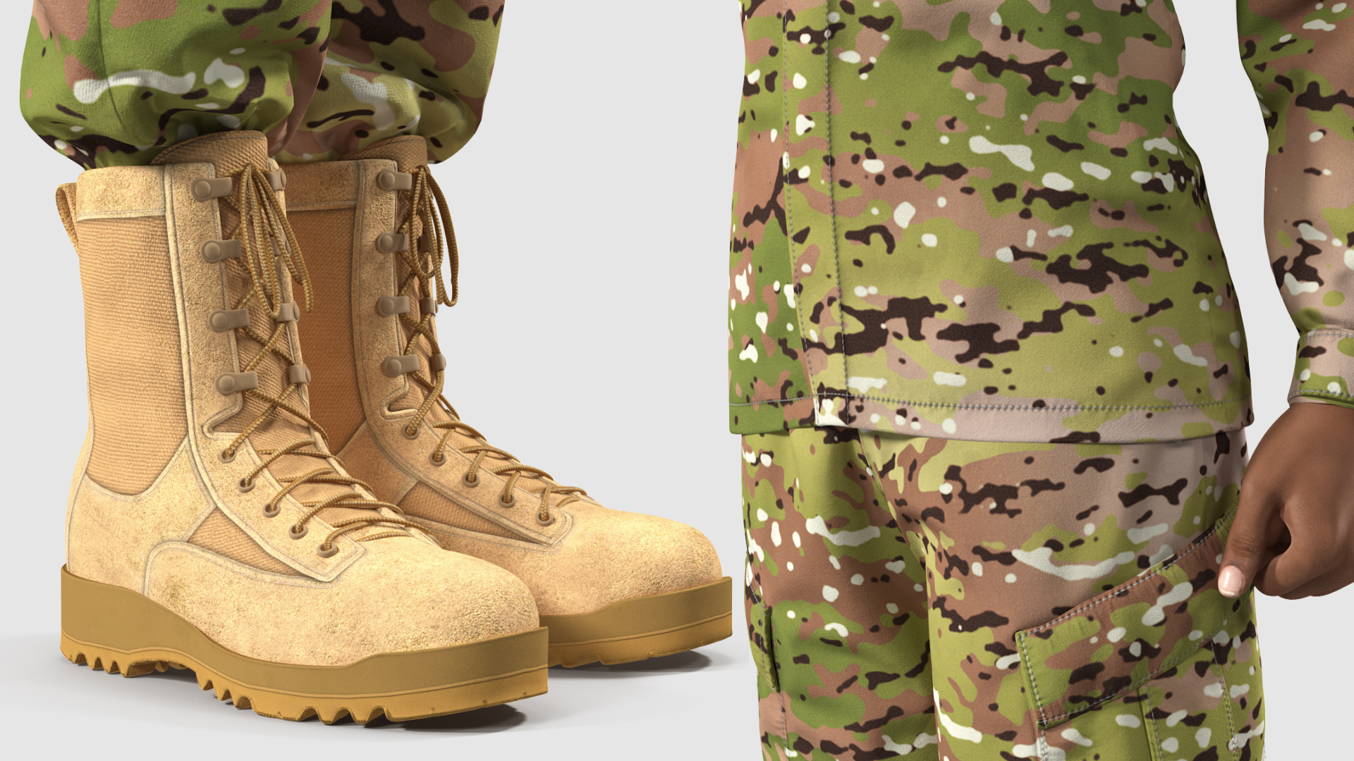 3D model Black Female Soldier Green Camouflage Saluting Pose Fur