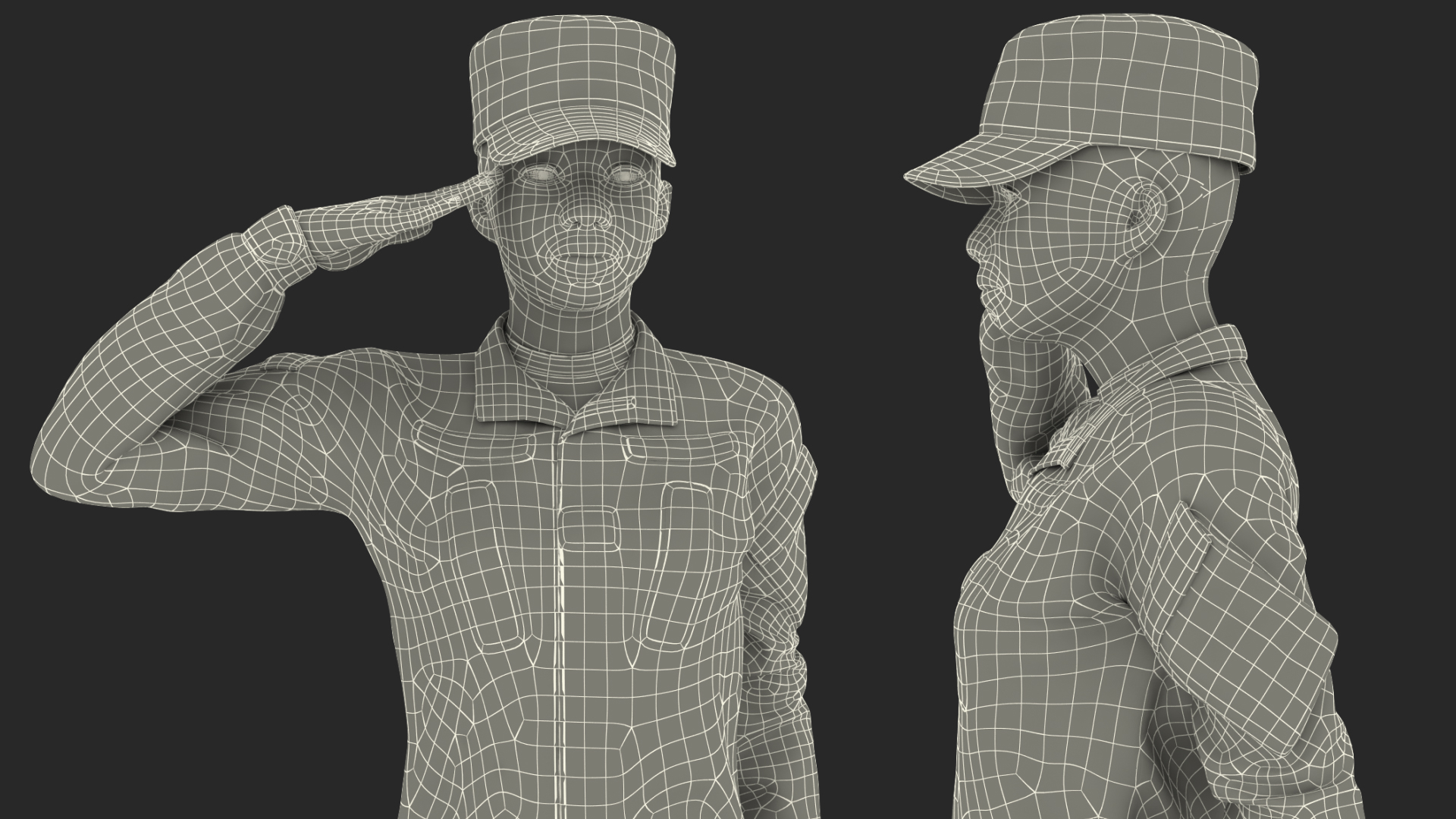 3D model Black Female Soldier Green Camouflage Saluting Pose Fur