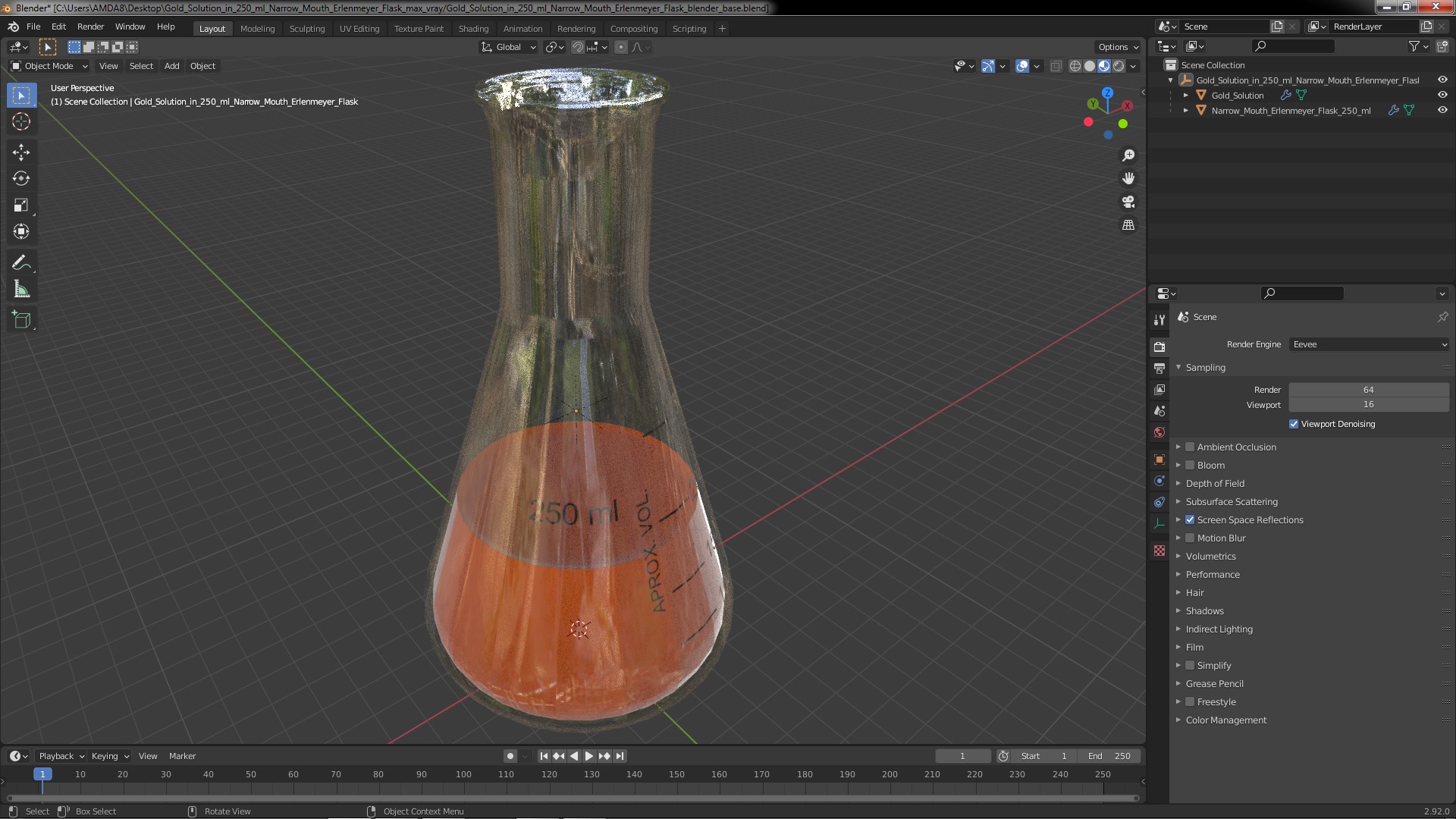 3D Gold Solution in 250 ml Narrow Mouth Erlenmeyer Flask model