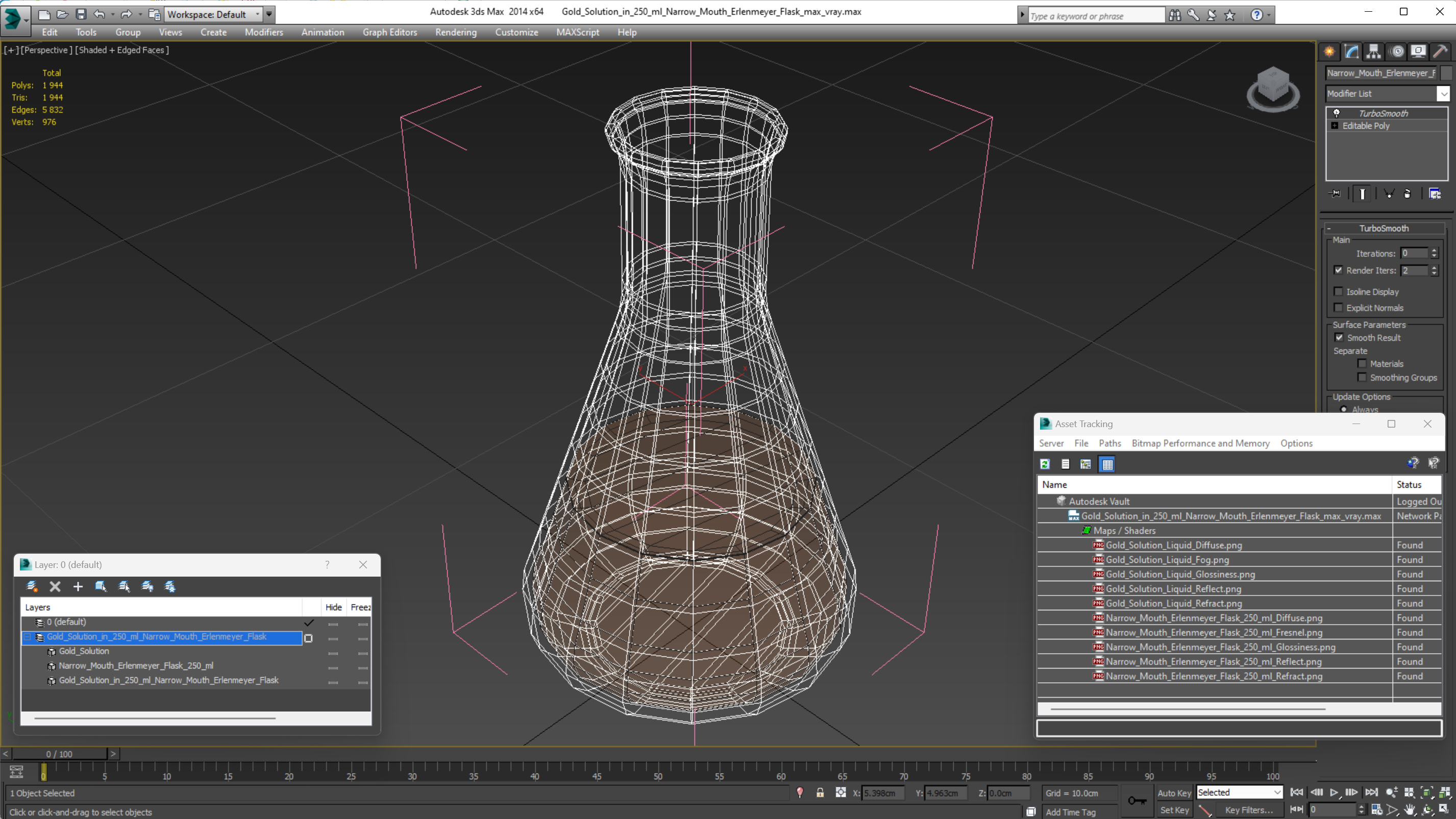 3D Gold Solution in 250 ml Narrow Mouth Erlenmeyer Flask model