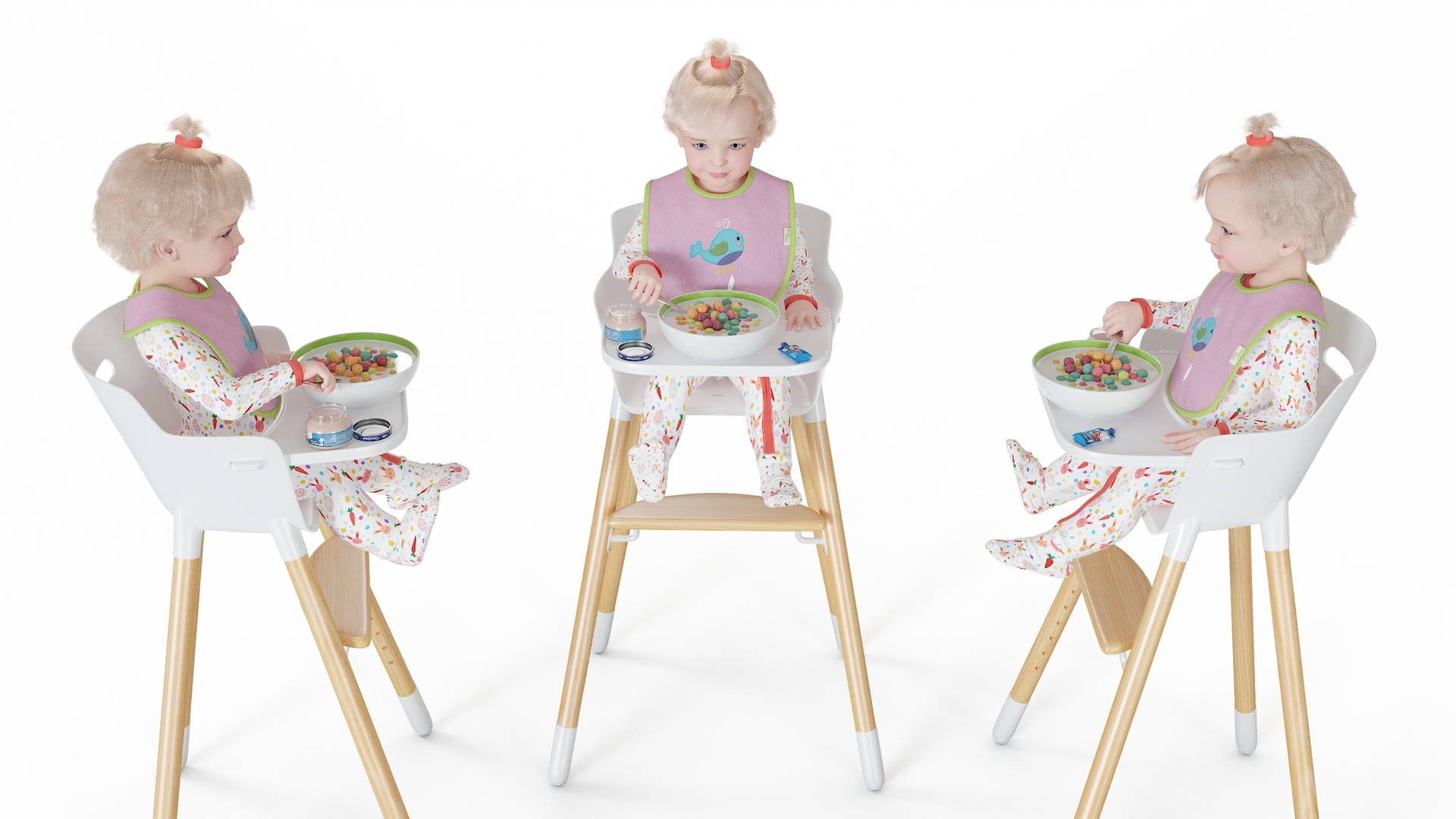 Toddler Girl Eating in High Chair Fur Rigged 3D model