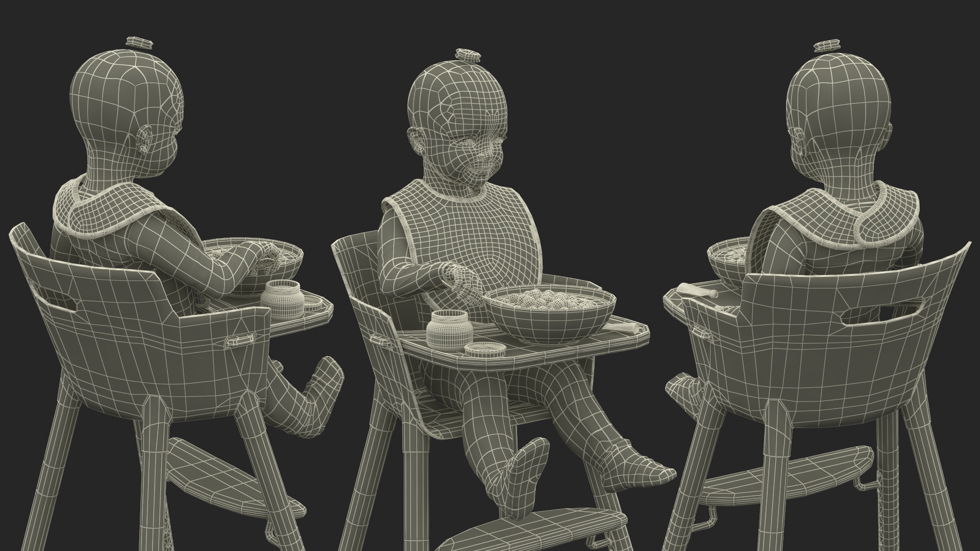 Toddler Girl Eating in High Chair Fur Rigged 3D model