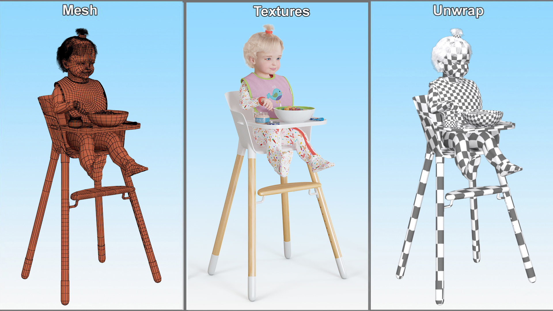 Toddler Girl Eating in High Chair Fur Rigged 3D model