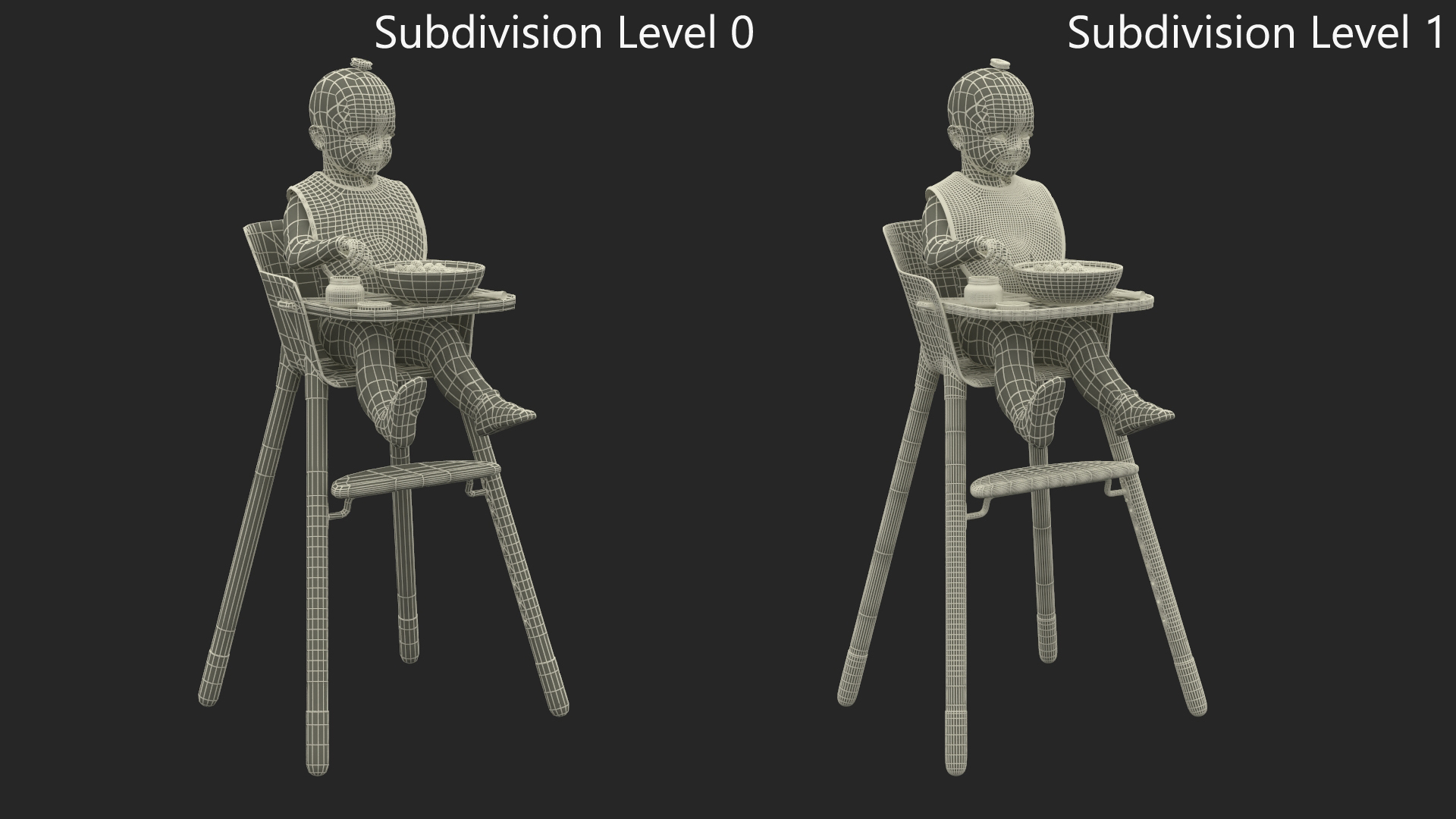 Toddler Girl Eating in High Chair Fur Rigged 3D model