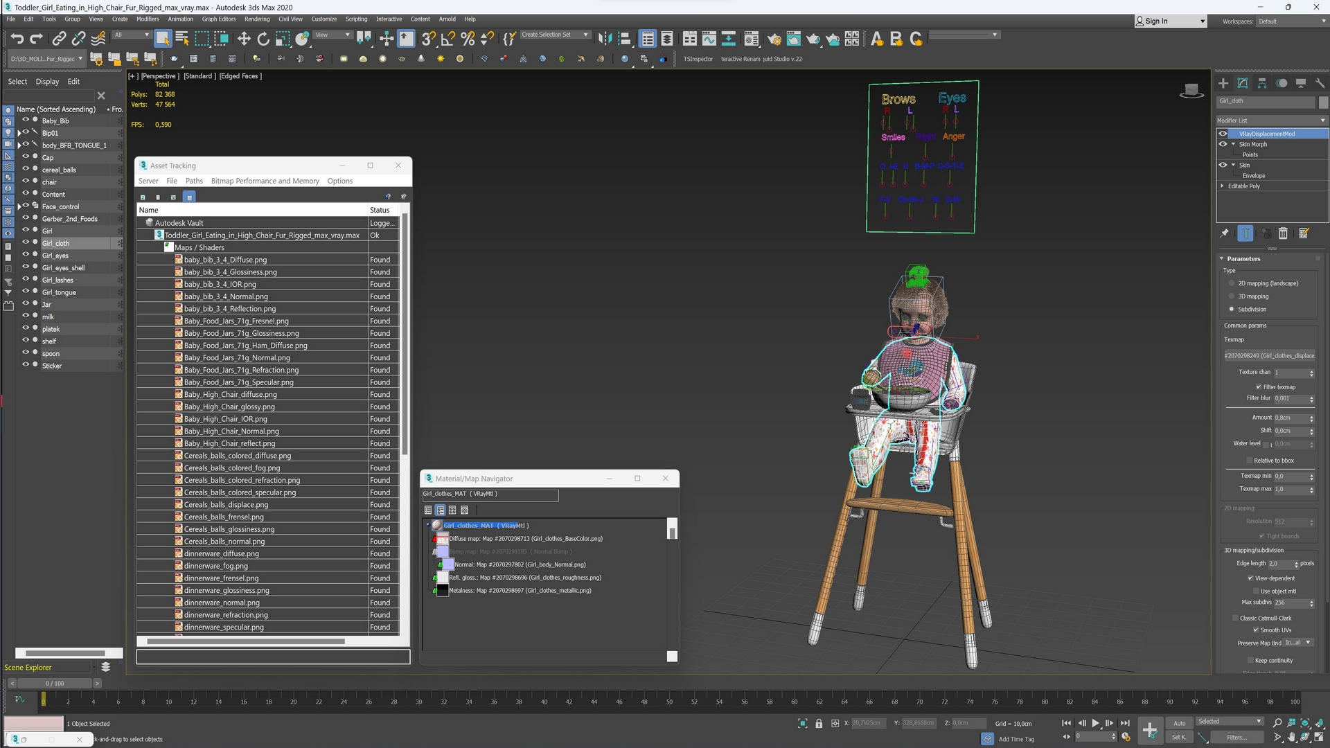 Toddler Girl Eating in High Chair Fur Rigged 3D model