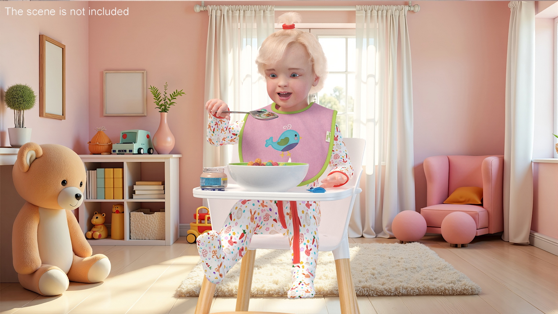 Toddler Girl Eating in High Chair Fur Rigged 3D model
