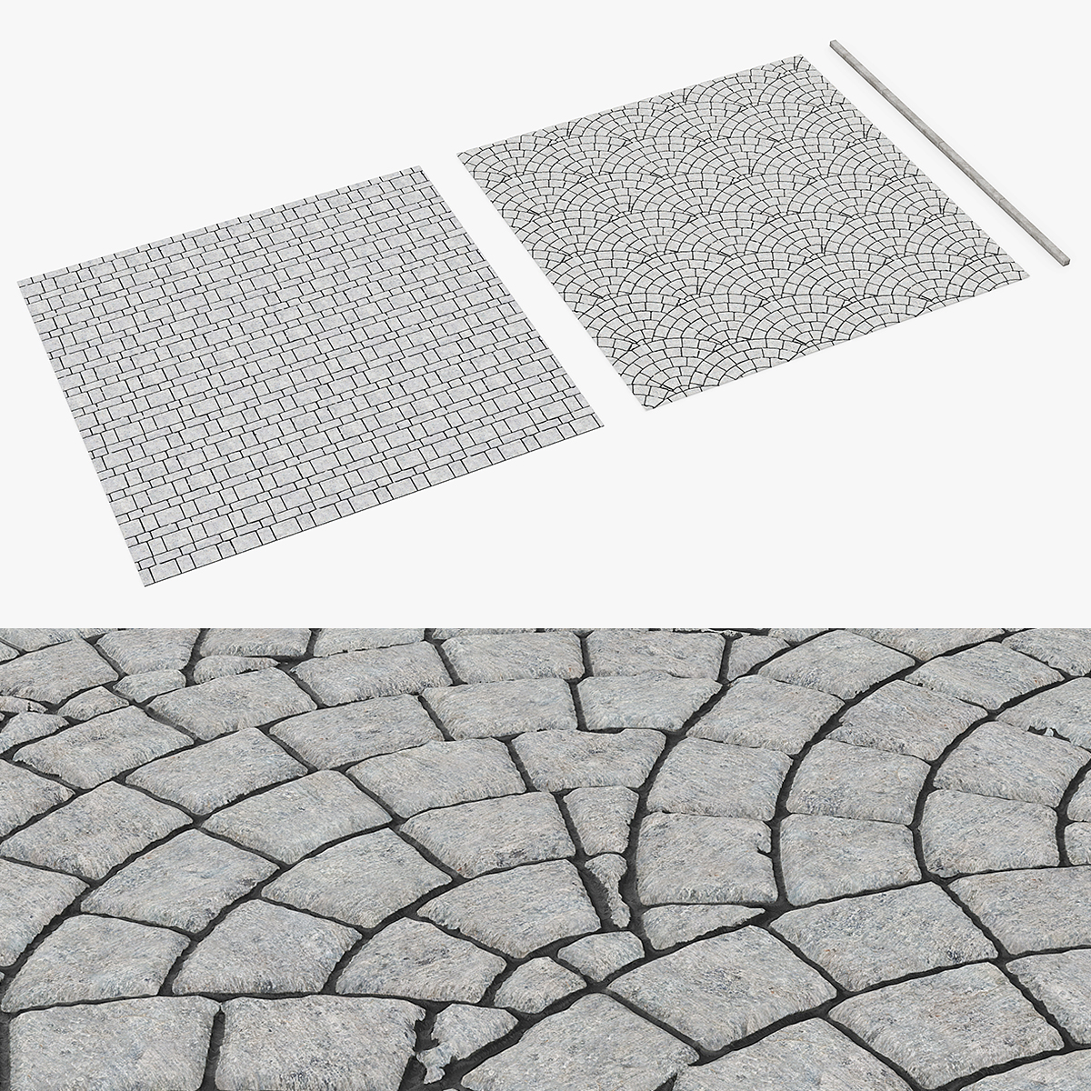 Cobblestone Sidewalk with Concrete Kerb Set Gray 3D model preview