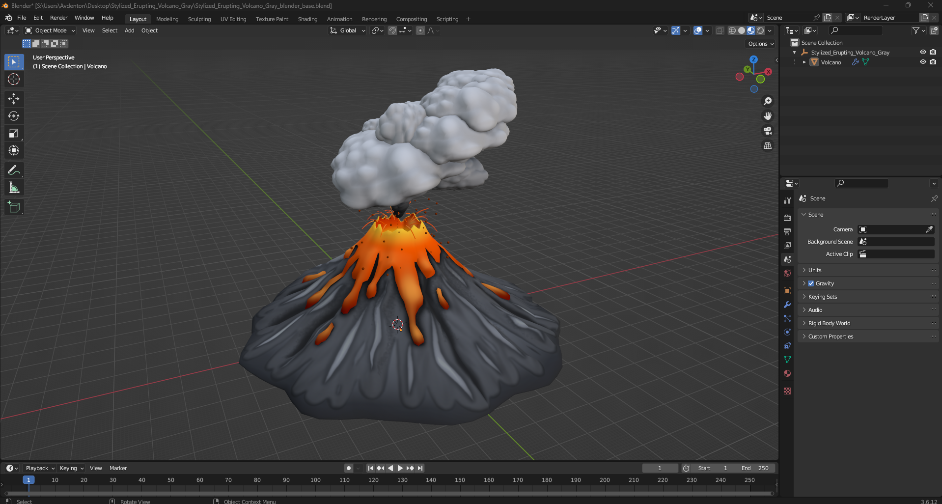 3D model Stylized Erupting Volcano Gray