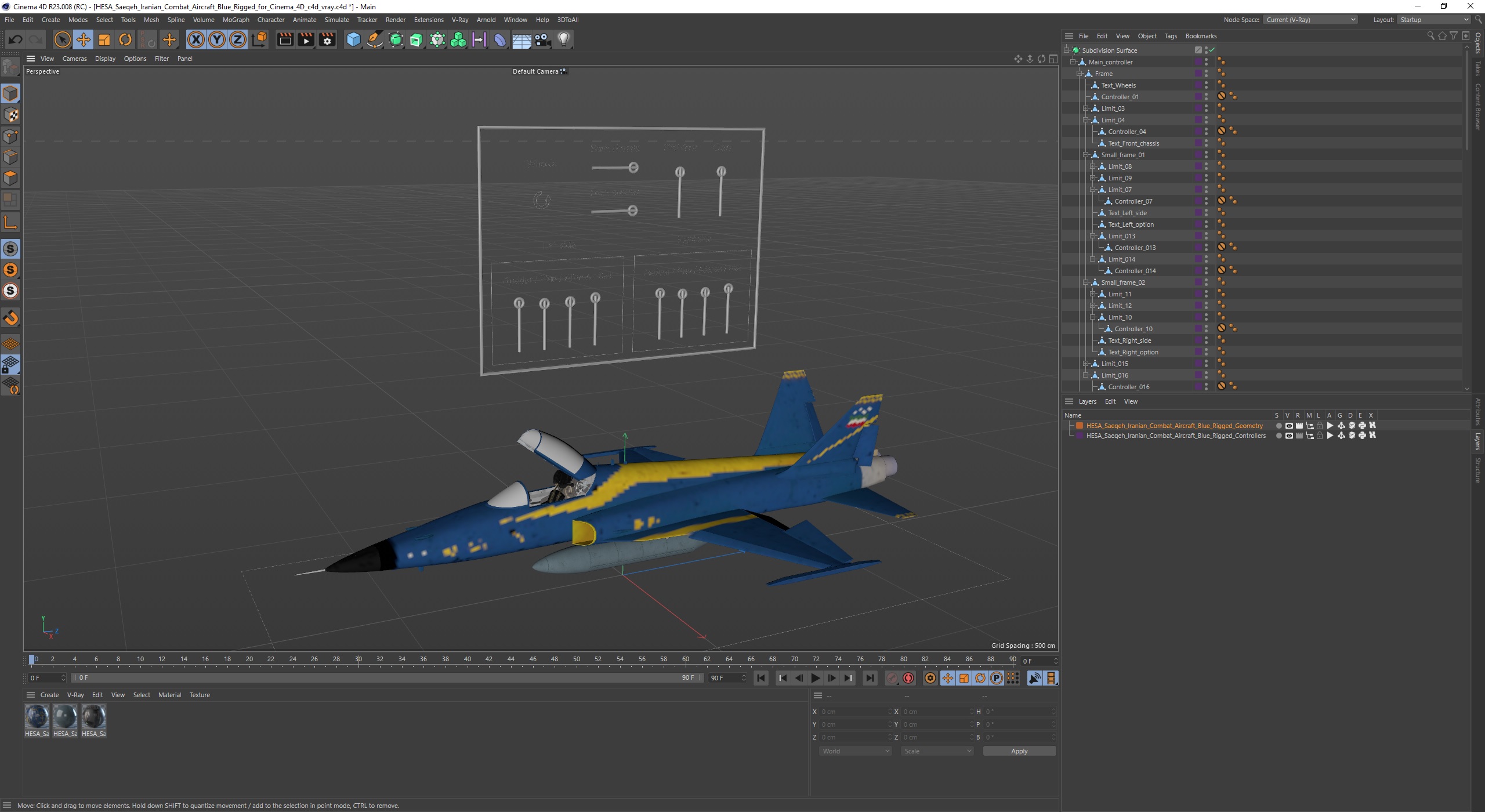 3D HESA Saeqeh Iranian Combat Aircraft Blue Rigged for Cinema 4D
