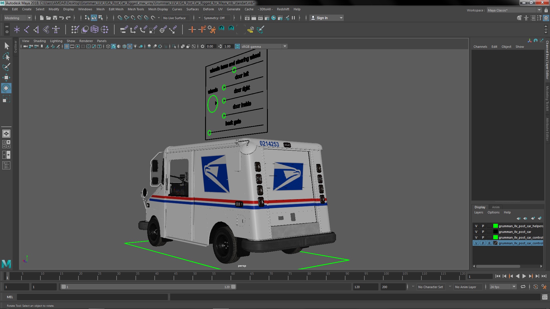 3D model Grumman LLV USA Post Car Rigged for Maya