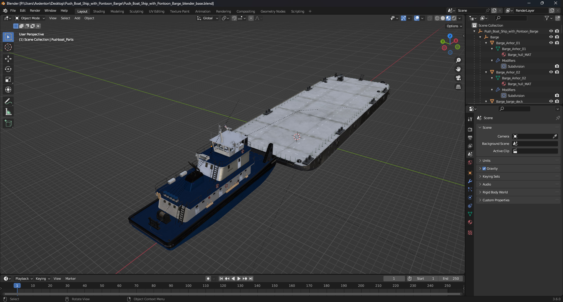3D Push Boat Ship with Pontoon Barge model