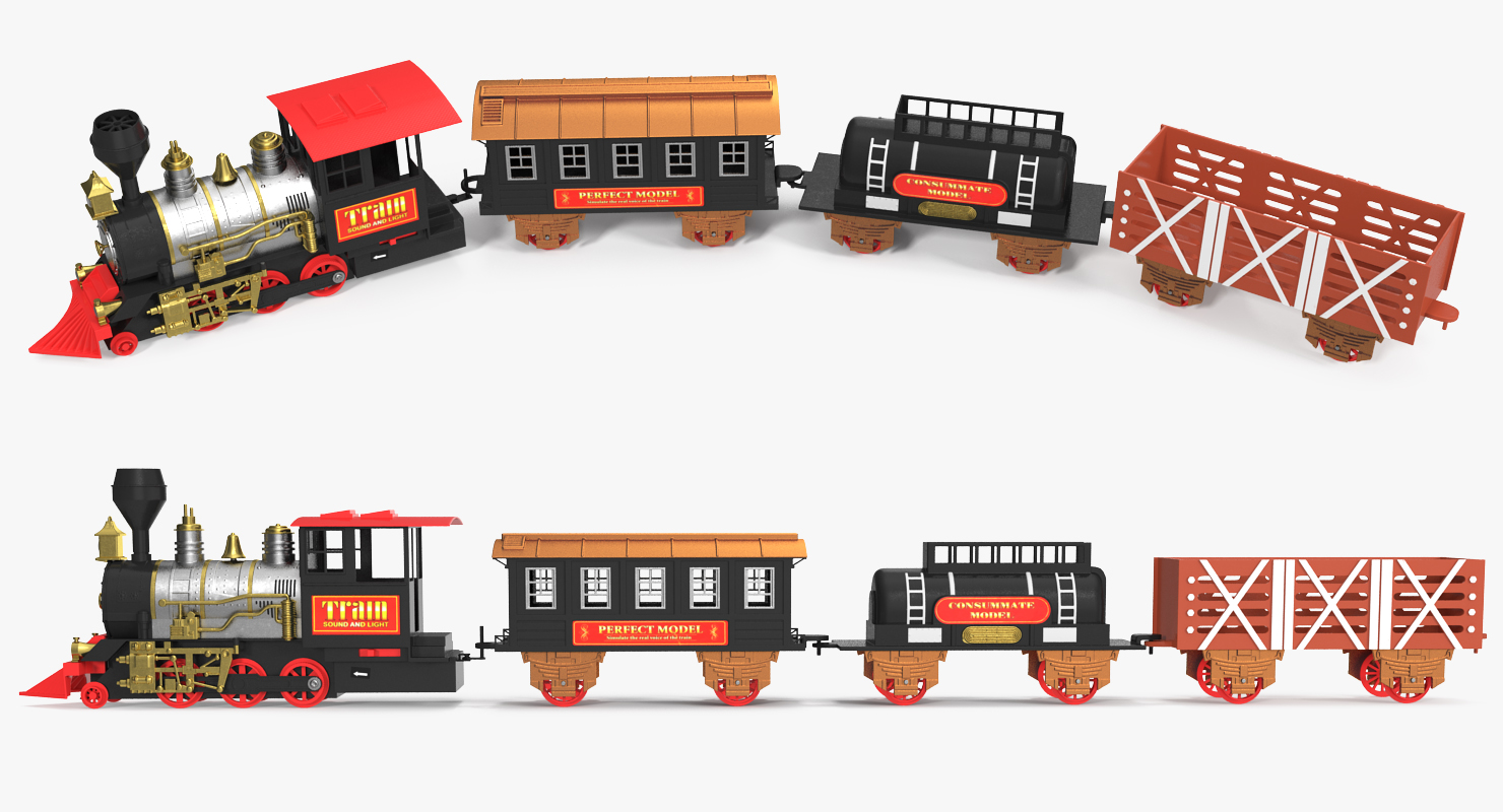 3D Vintage Train Toy Set Locomotive with Wagons Rigged