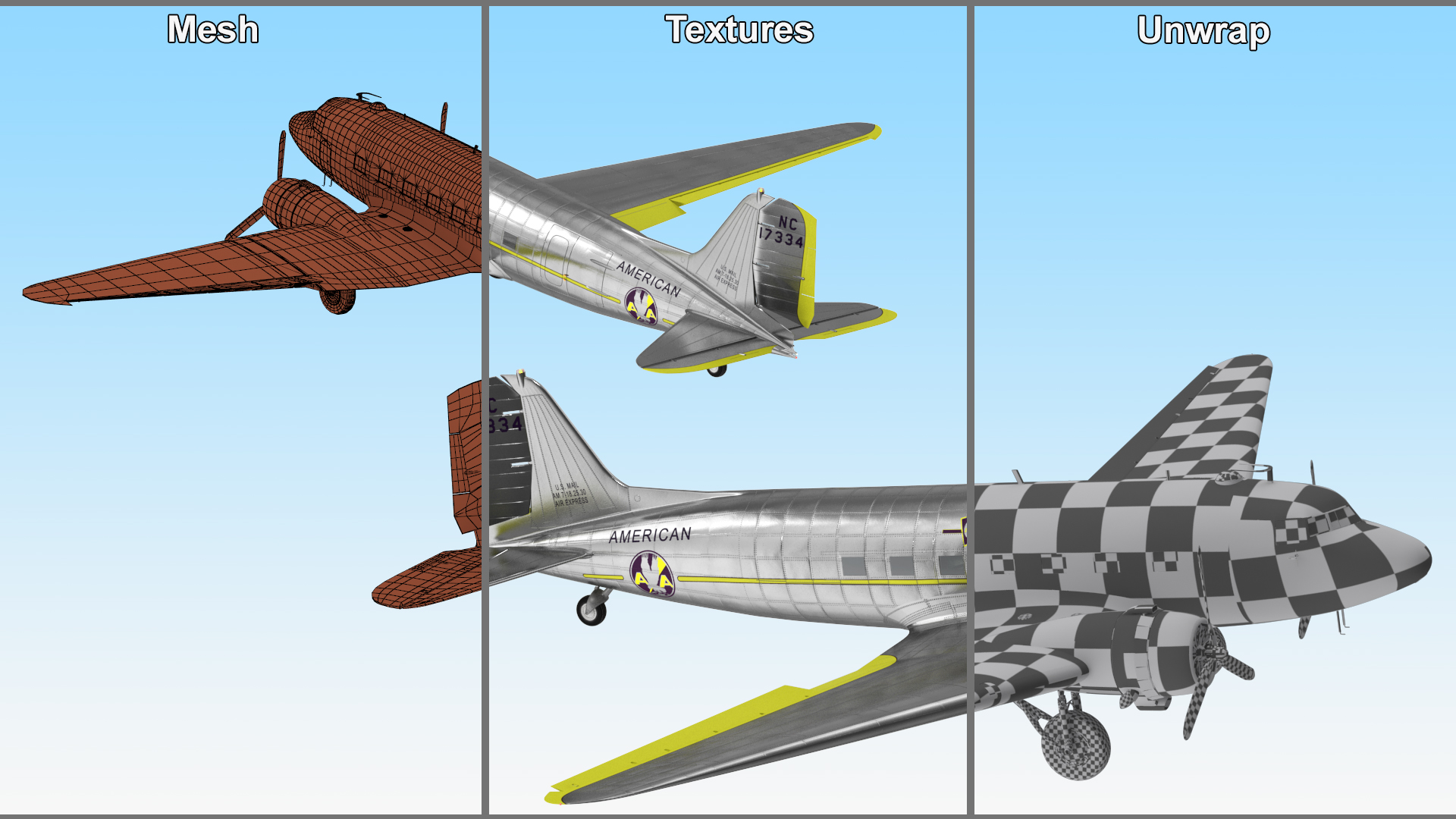 3D Vintage Propeller Aircraft Douglas DC-3 Rigged