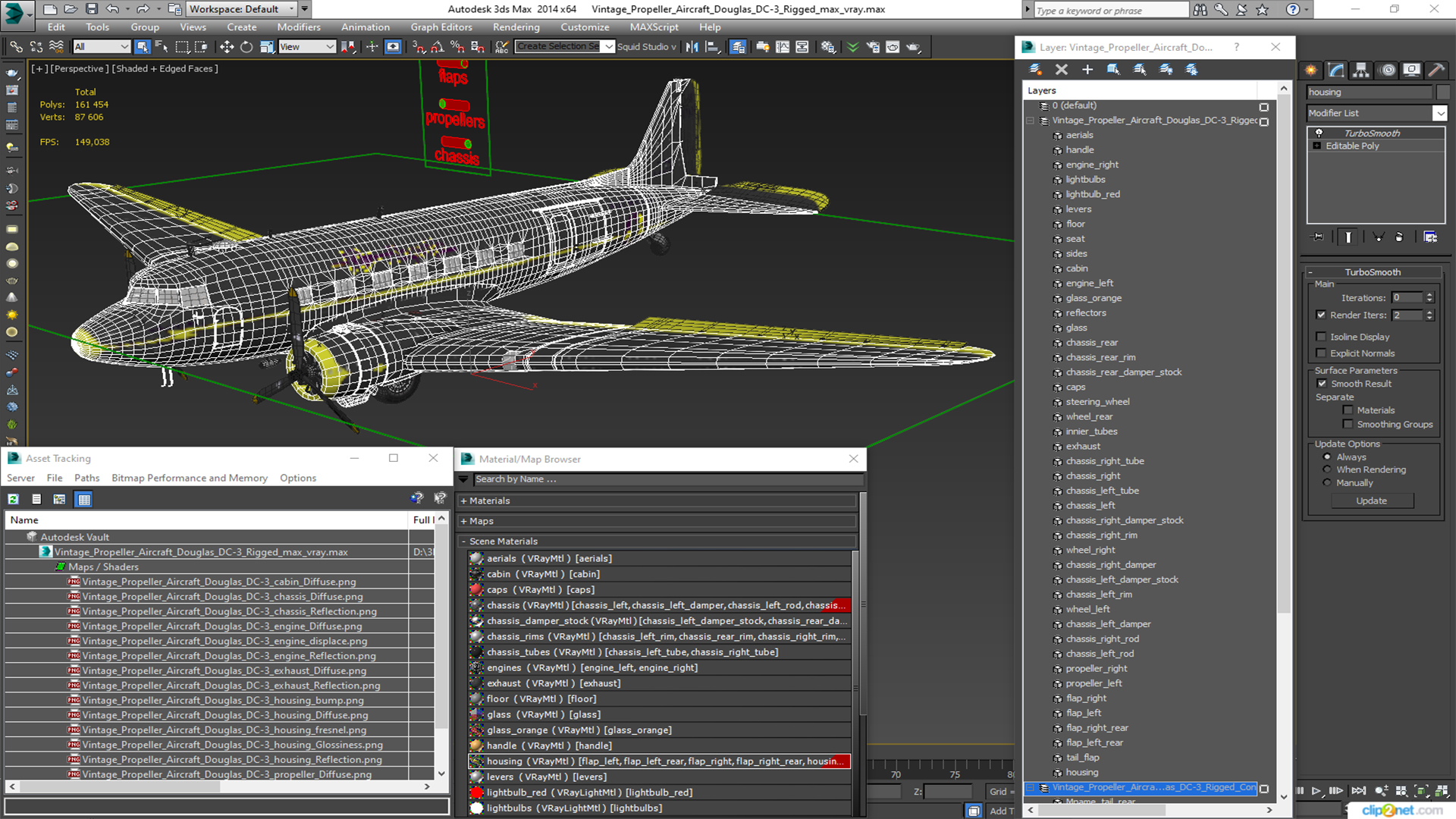 3D Vintage Propeller Aircraft Douglas DC-3 Rigged