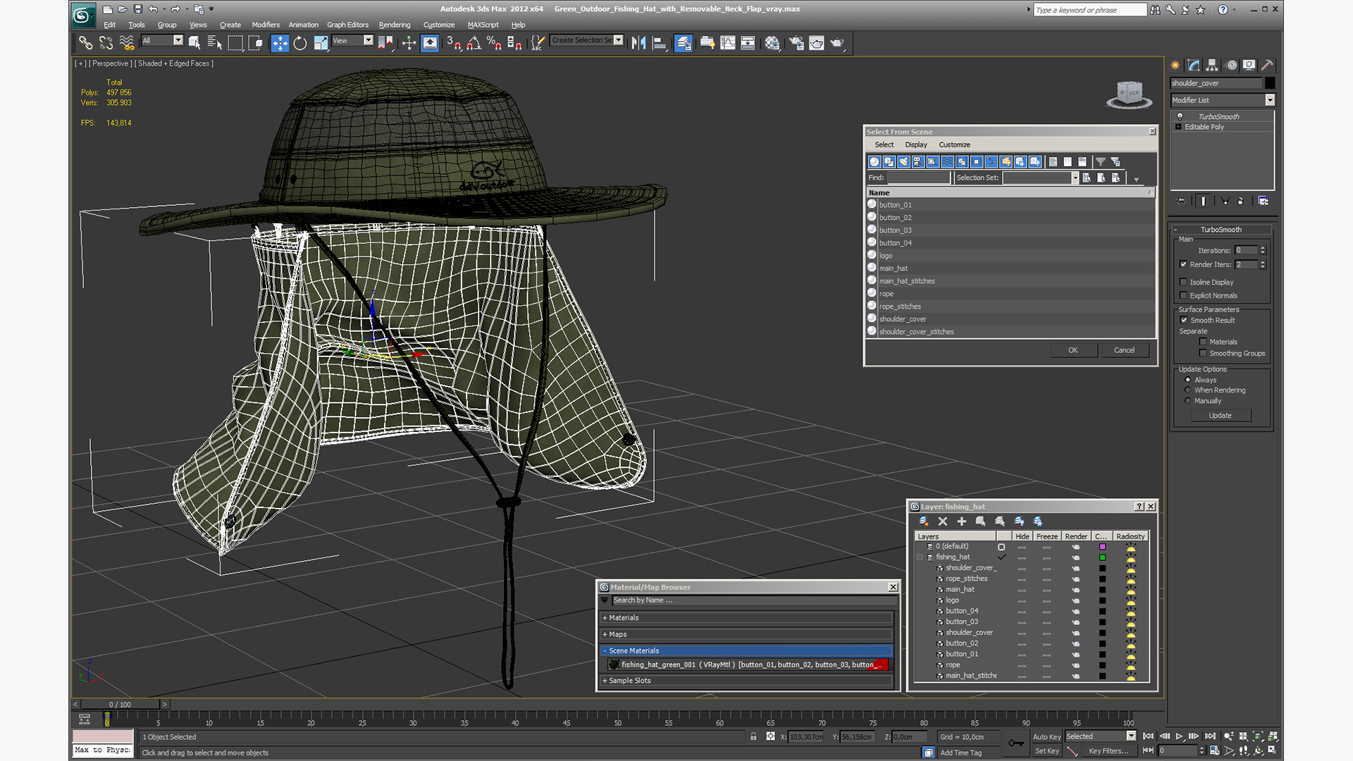 3D model Green Outdoor Fishing Hat with Removable Neck Flap