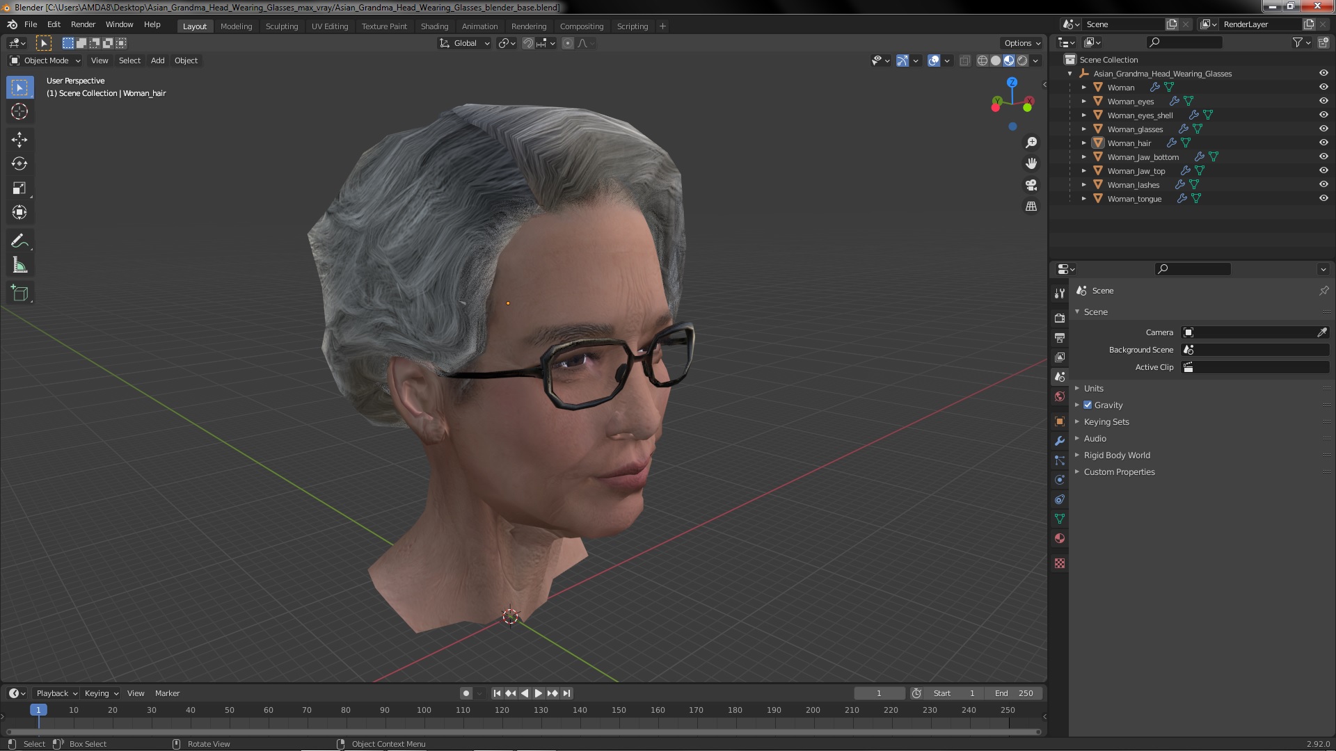 Asian Grandma Head Wearing Glasses 3D model