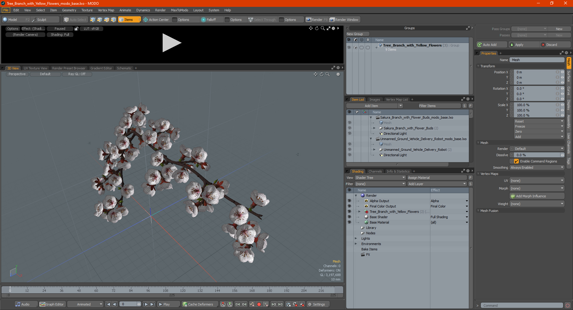 3D Tree Branch with Yellow Flowers