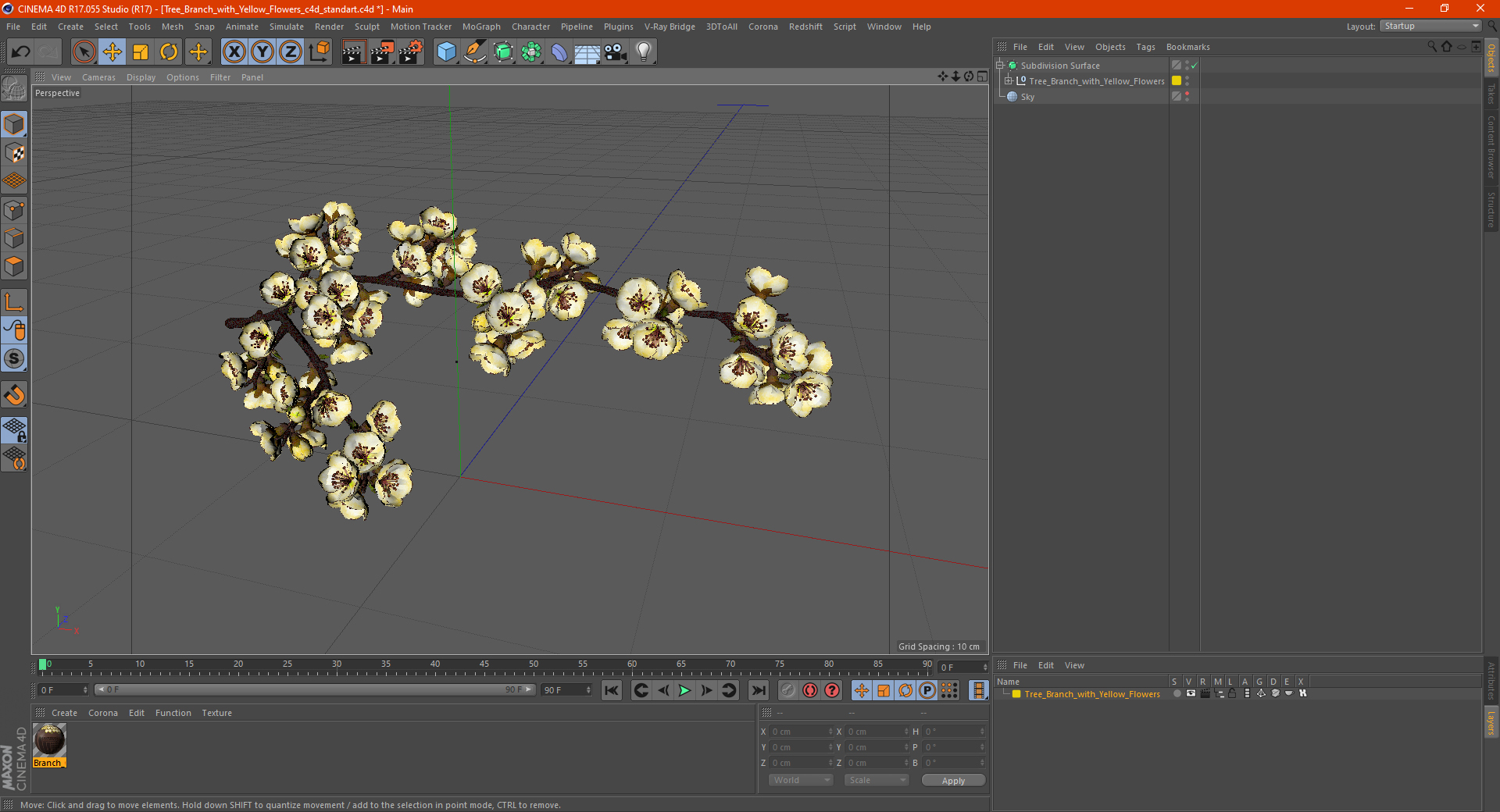 3D Tree Branch with Yellow Flowers
