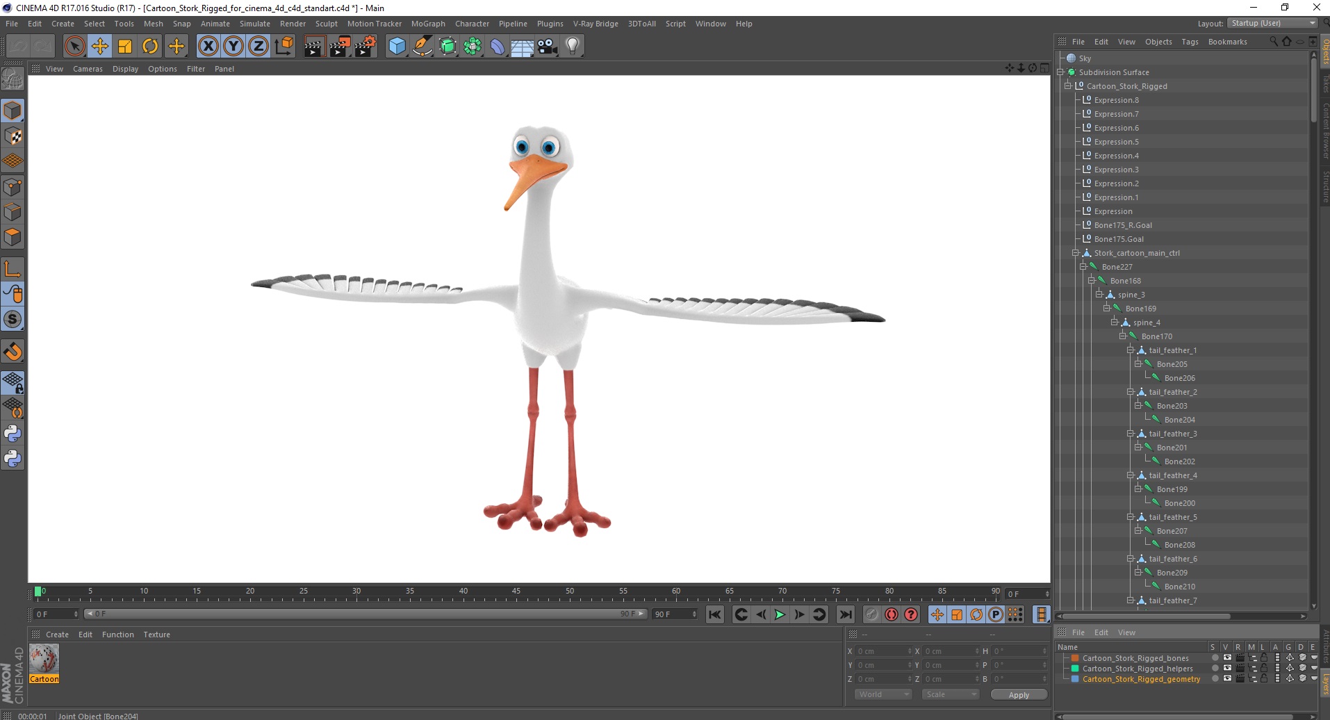 Cartoon Stork Rigged for Cinema 4D 3D model