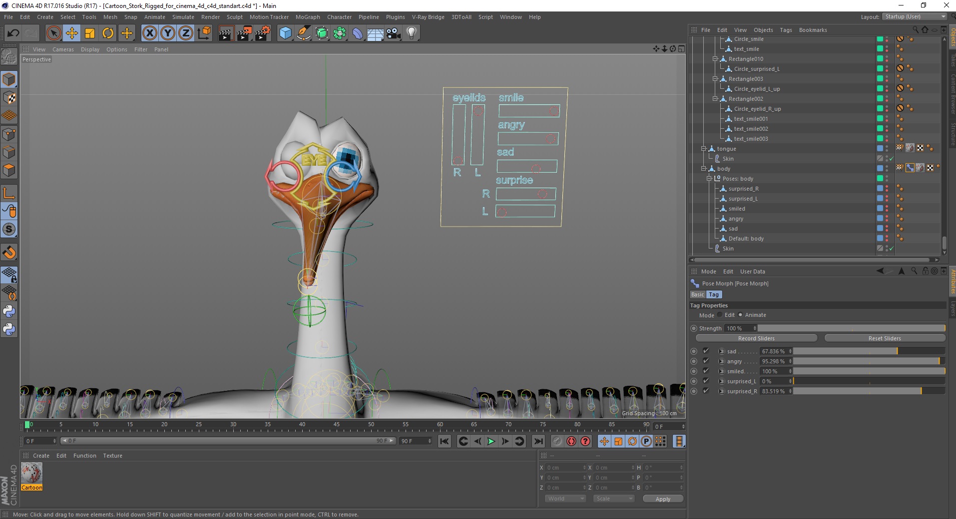 Cartoon Stork Rigged for Cinema 4D 3D model
