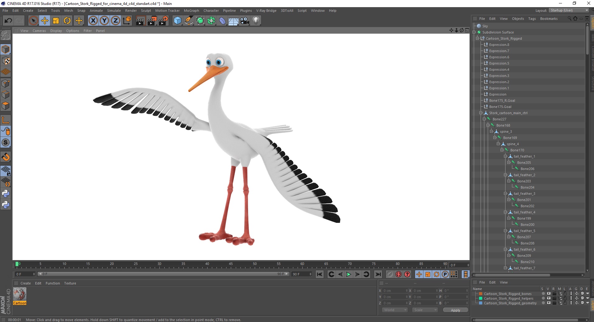Cartoon Stork Rigged for Cinema 4D 3D model