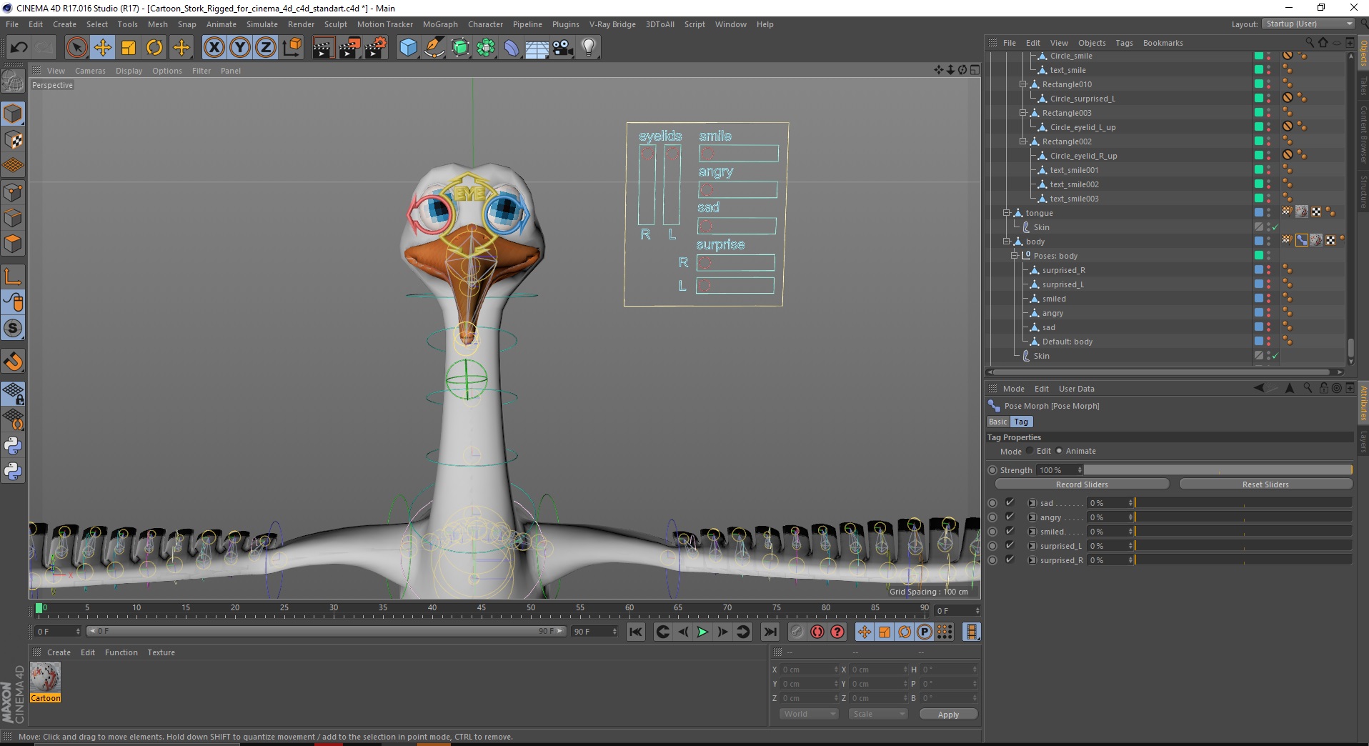Cartoon Stork Rigged for Cinema 4D 3D model