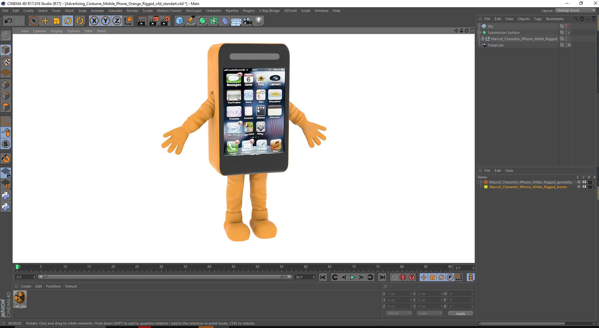 3D model Advertising Costume Mobile Phone Orange Rigged for Cinema 4D