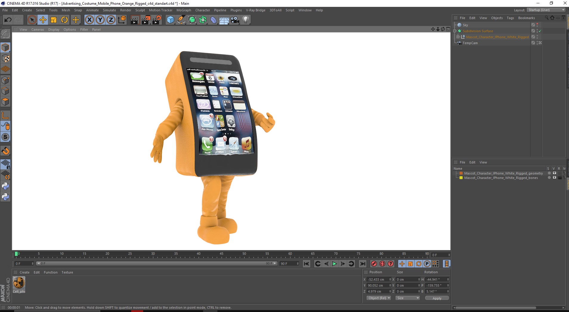 3D model Advertising Costume Mobile Phone Orange Rigged for Cinema 4D