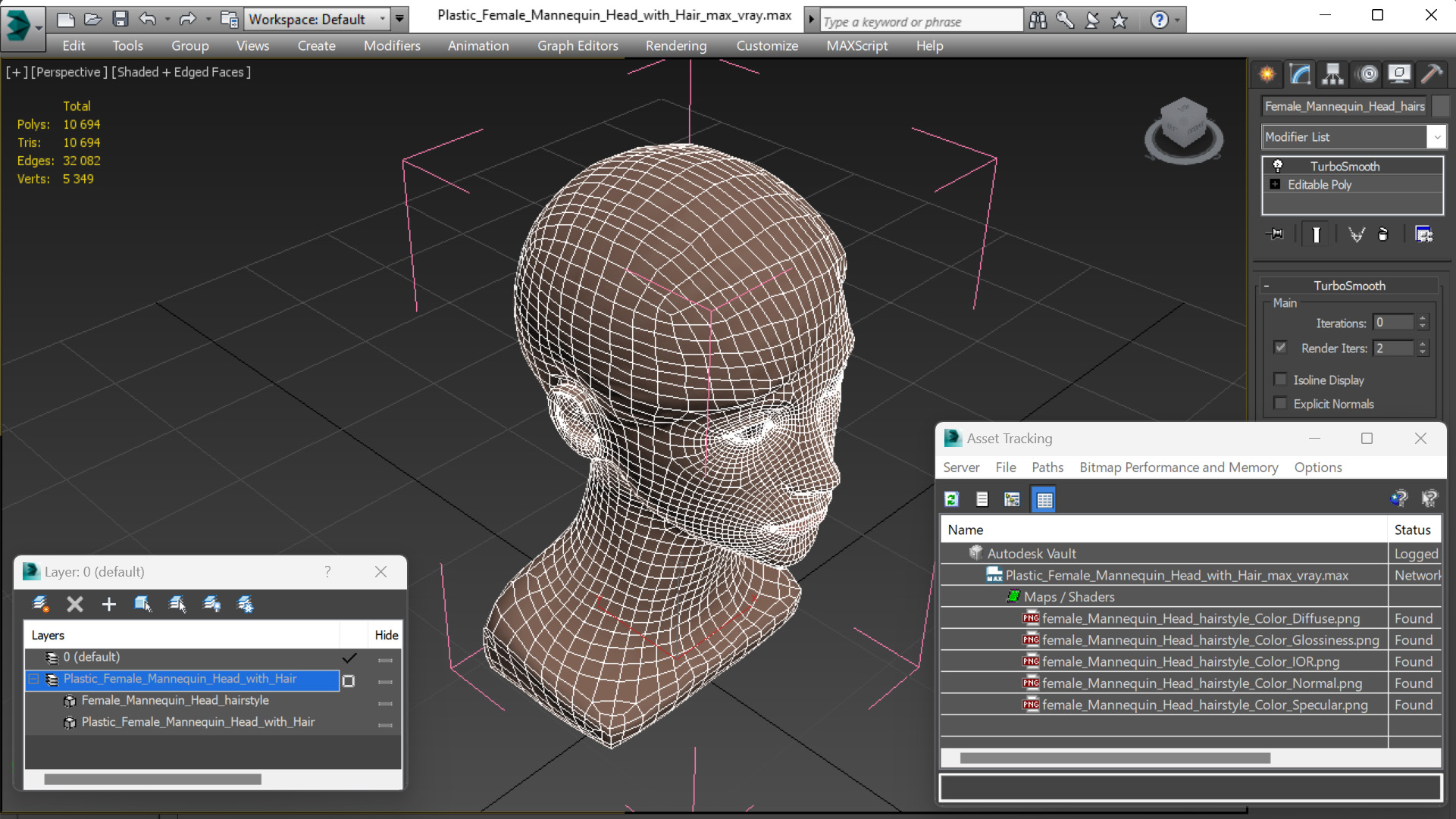 Plastic Female Mannequin Head with Hair 3D model