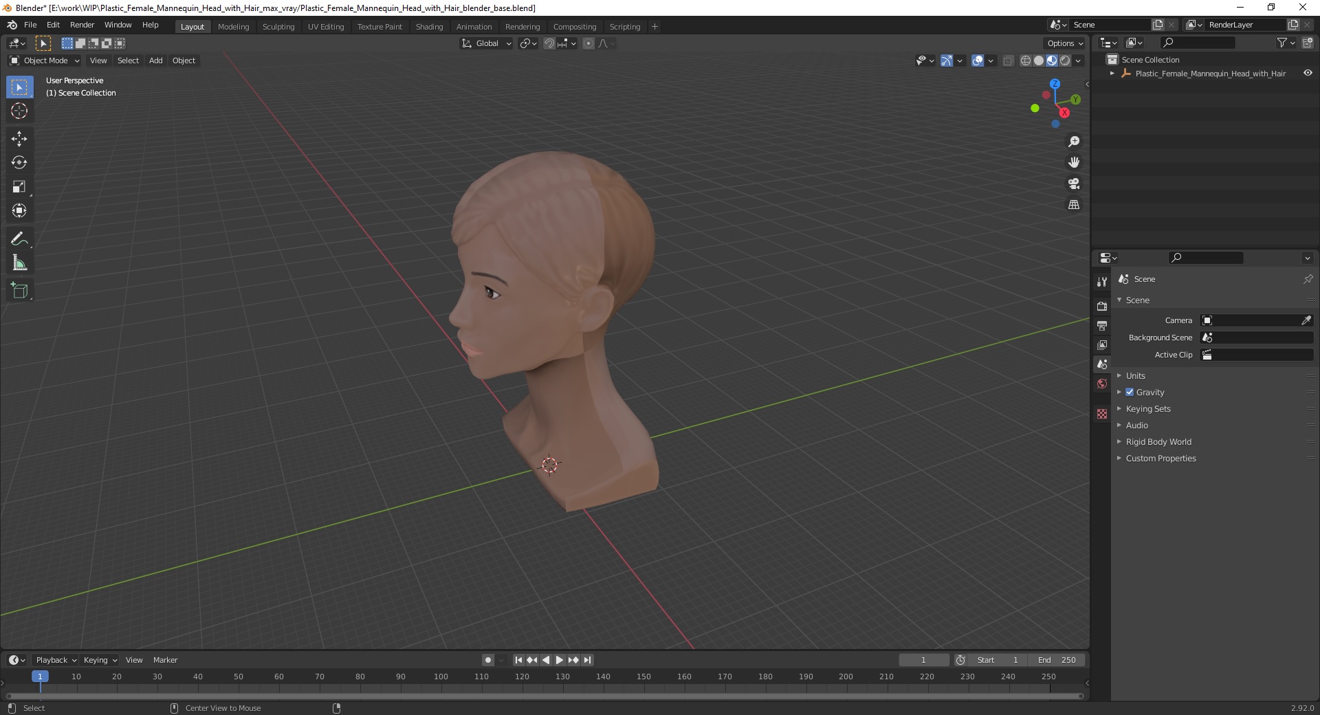 Plastic Female Mannequin Head with Hair 3D model