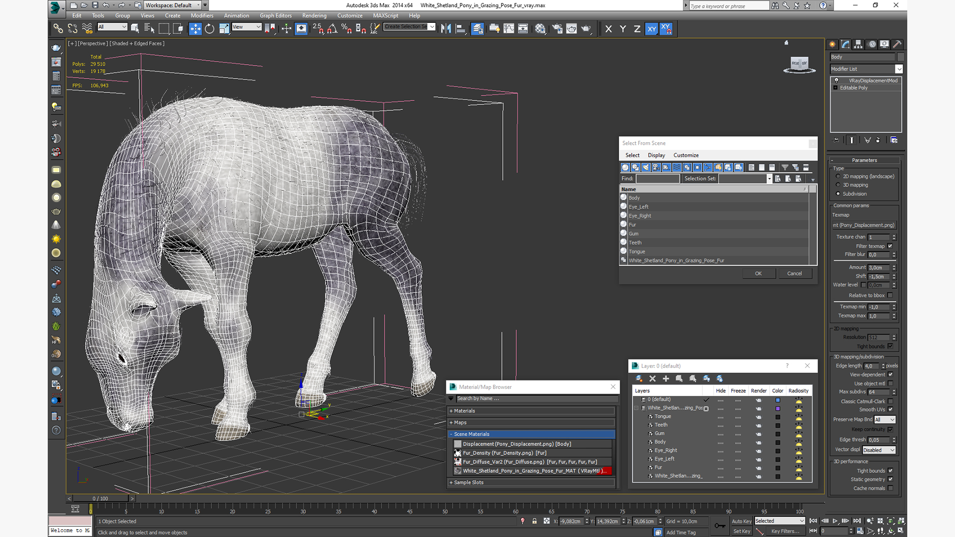 White Shetland Pony in Grazing Pose Fur 3D model