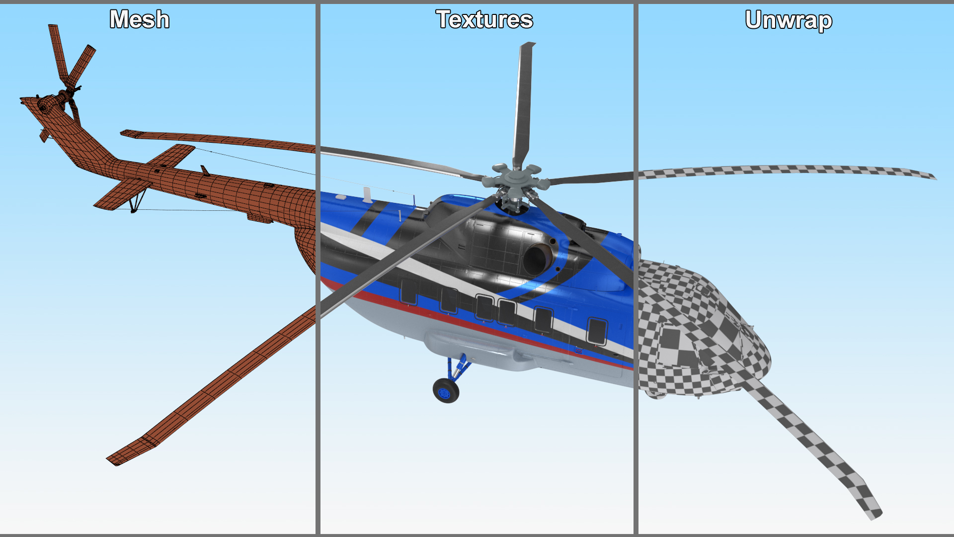 3D Interethnic Helicopter MI-171 A3 Blue Rigged for Cinema 4D model
