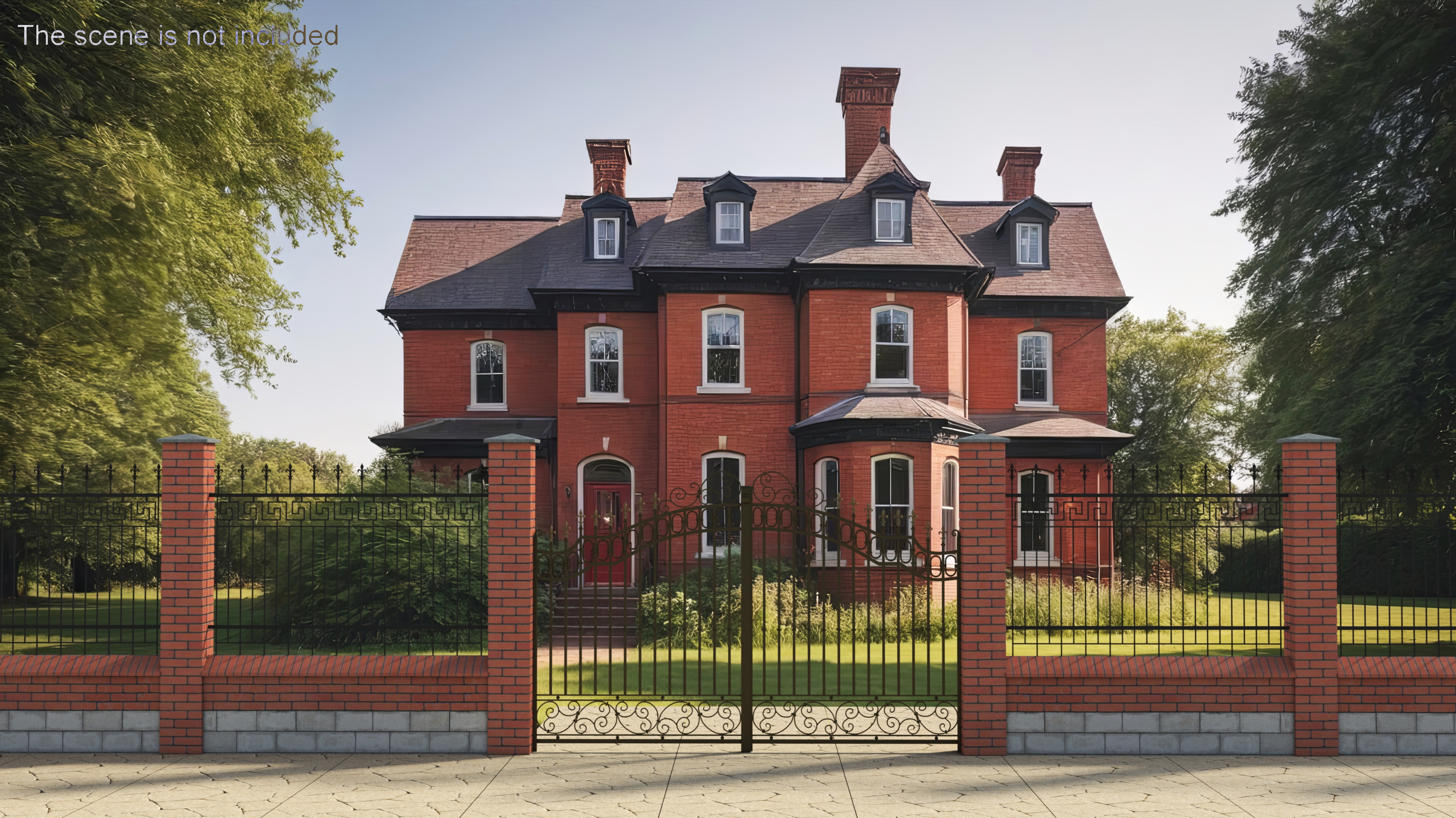 3D Brick and Metal Fence with Ornamental Ironwork