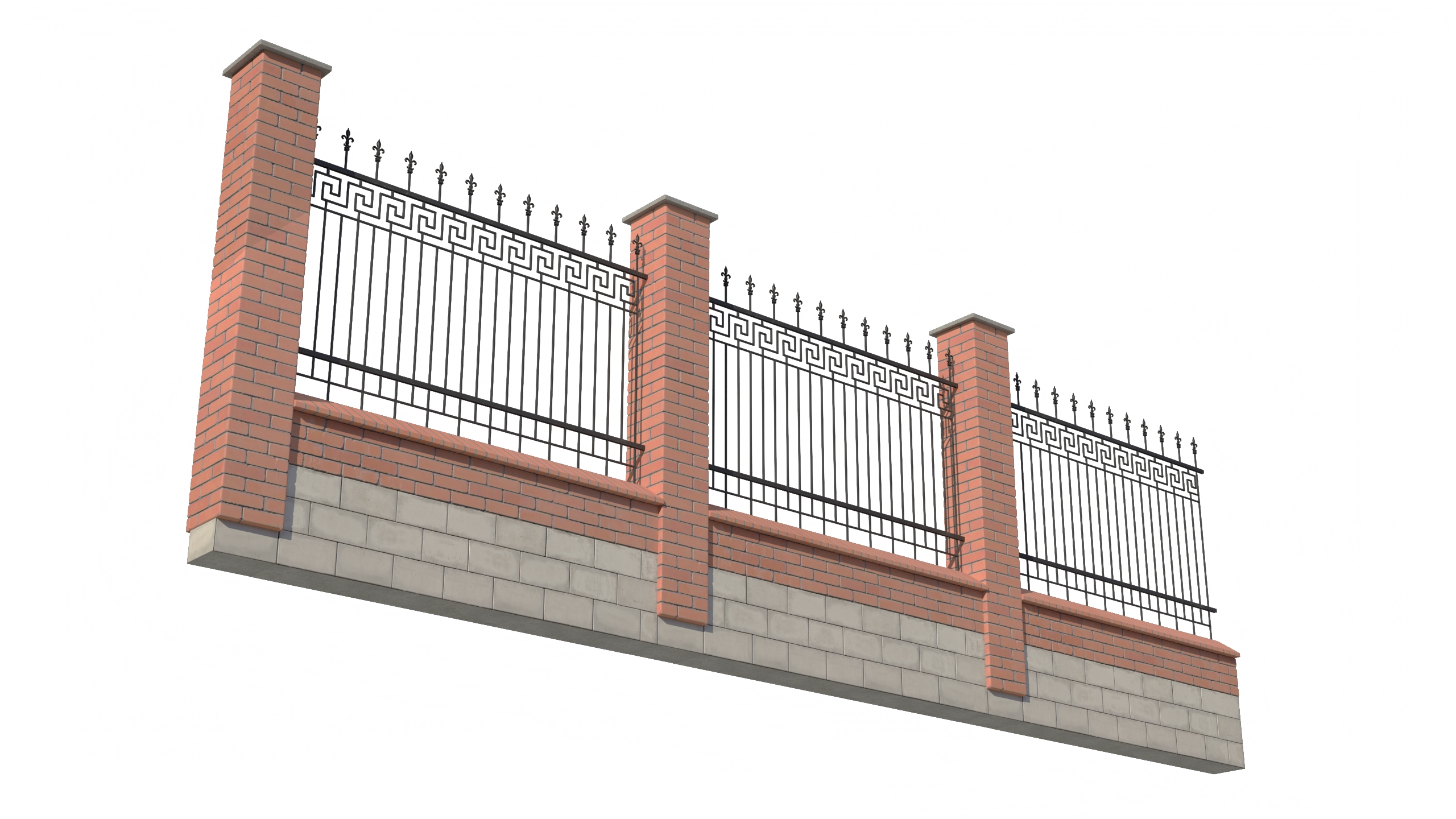 3D Brick and Metal Fence with Ornamental Ironwork