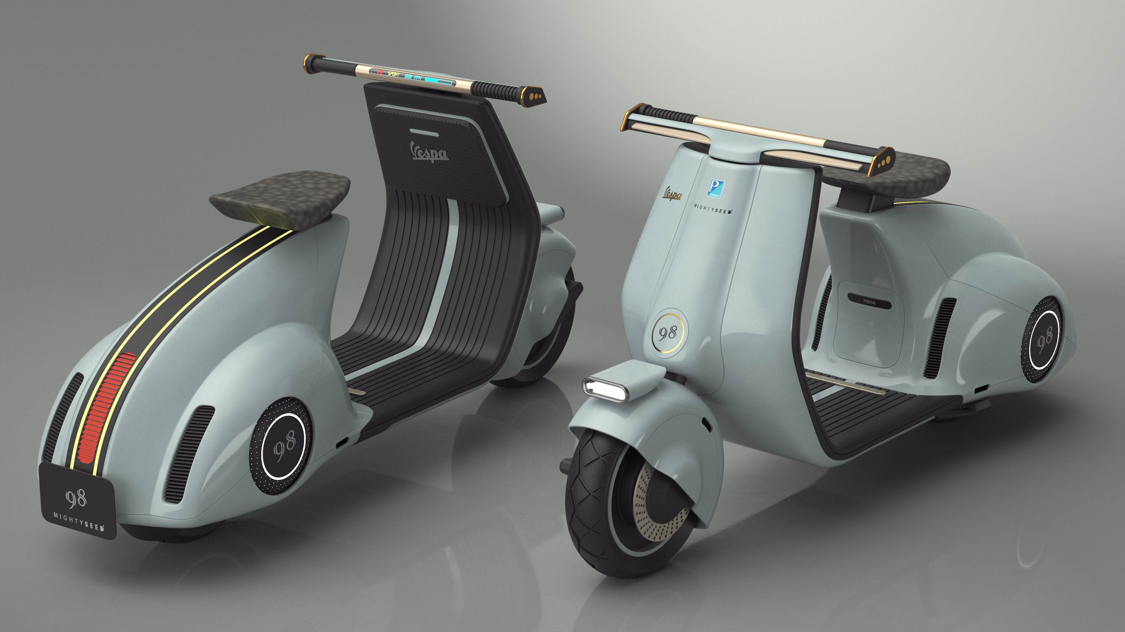 3D Blue Concept Electric Scooter Vespa 98 Lights On model
