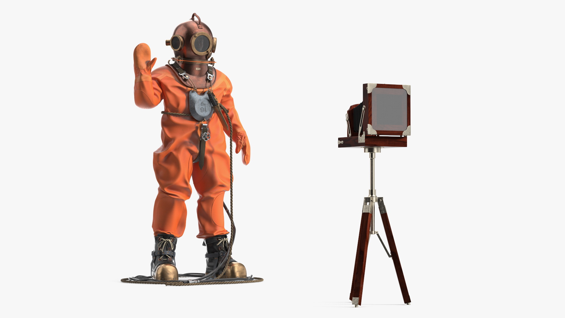 Worn Copper Diving Being Photographed 3D