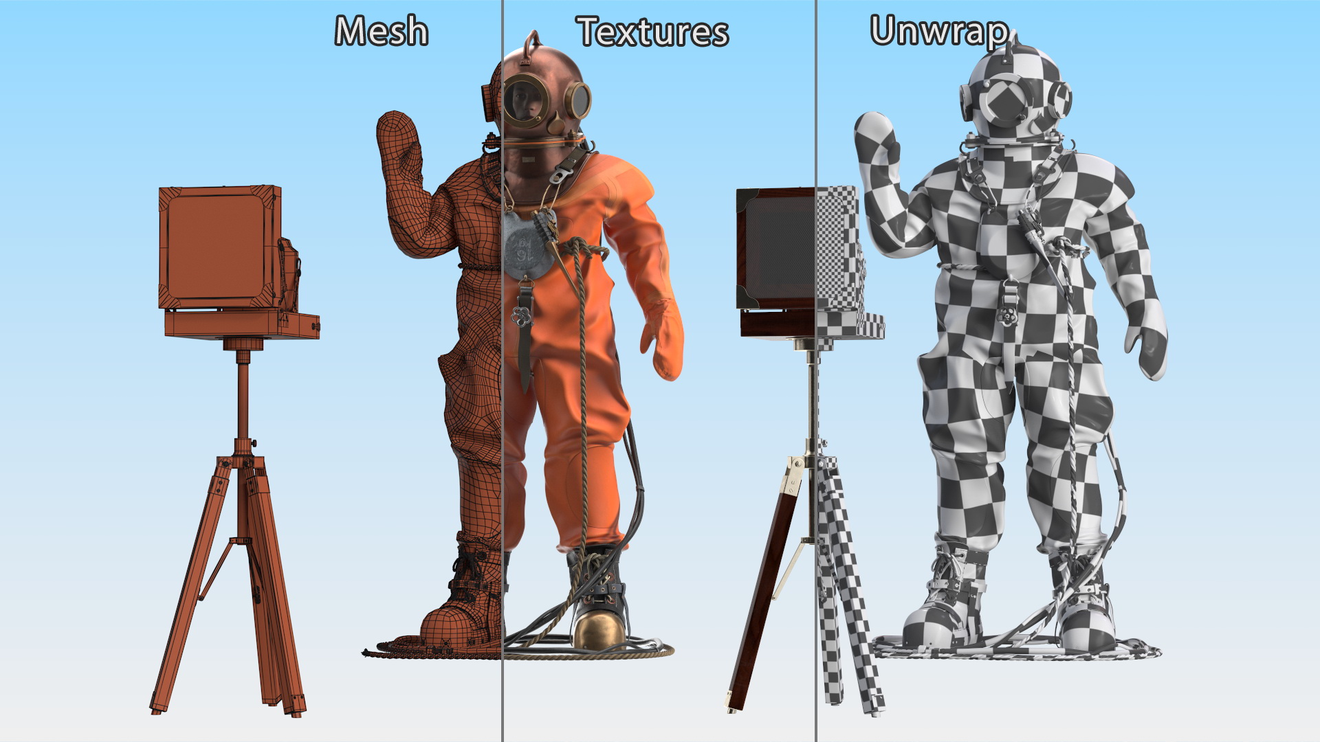 Worn Copper Diving Being Photographed 3D