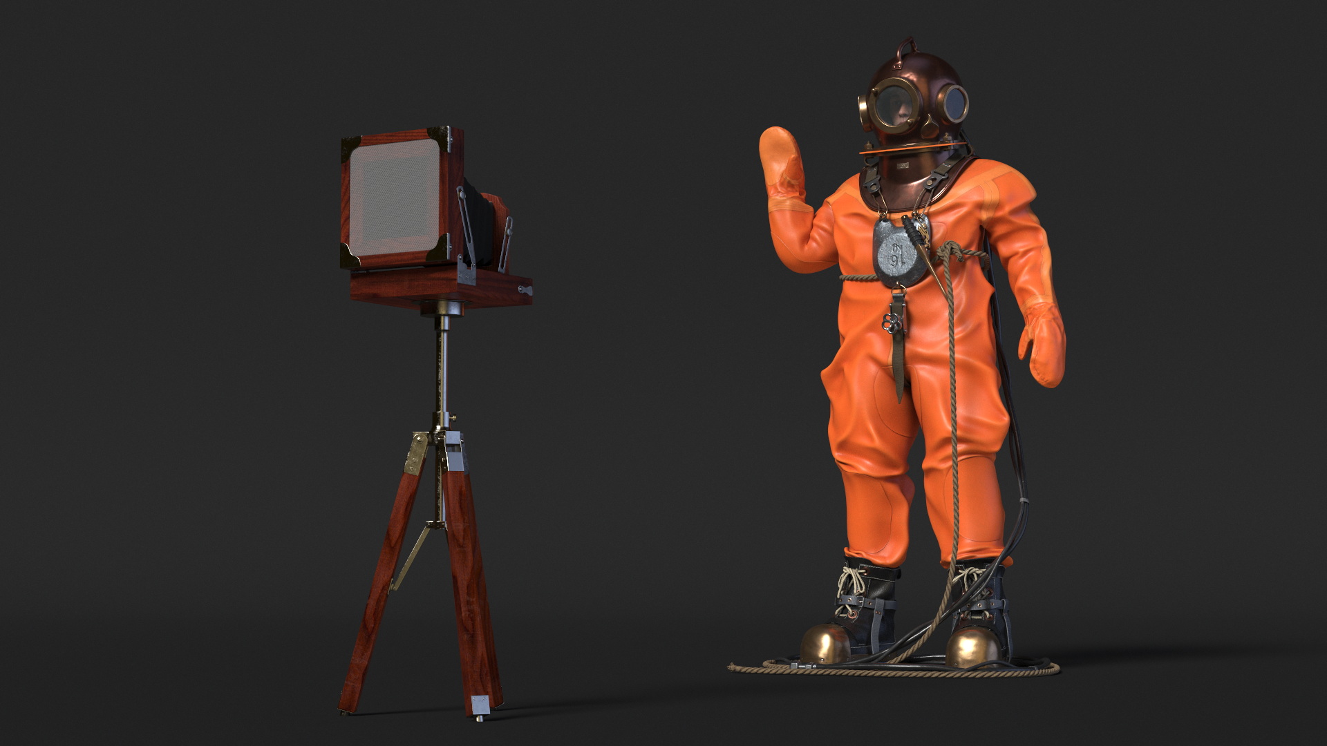 Worn Copper Diving Being Photographed 3D