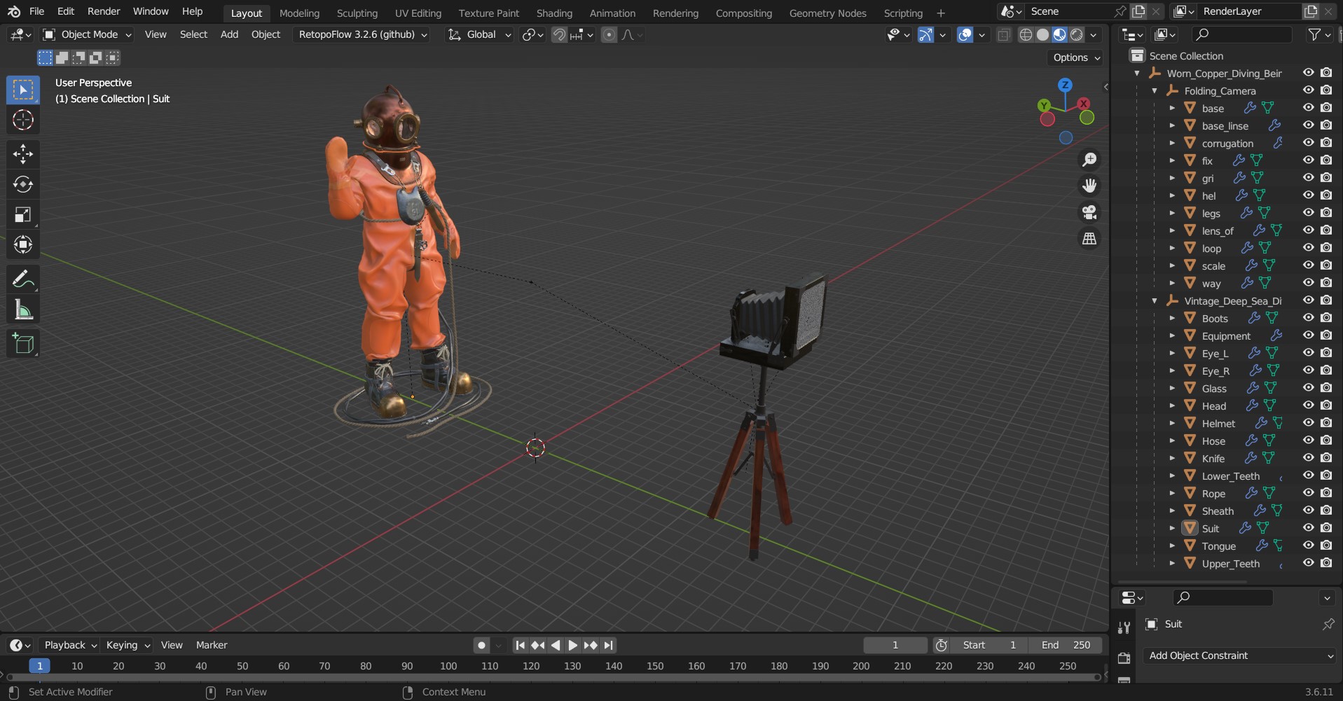 Worn Copper Diving Being Photographed 3D