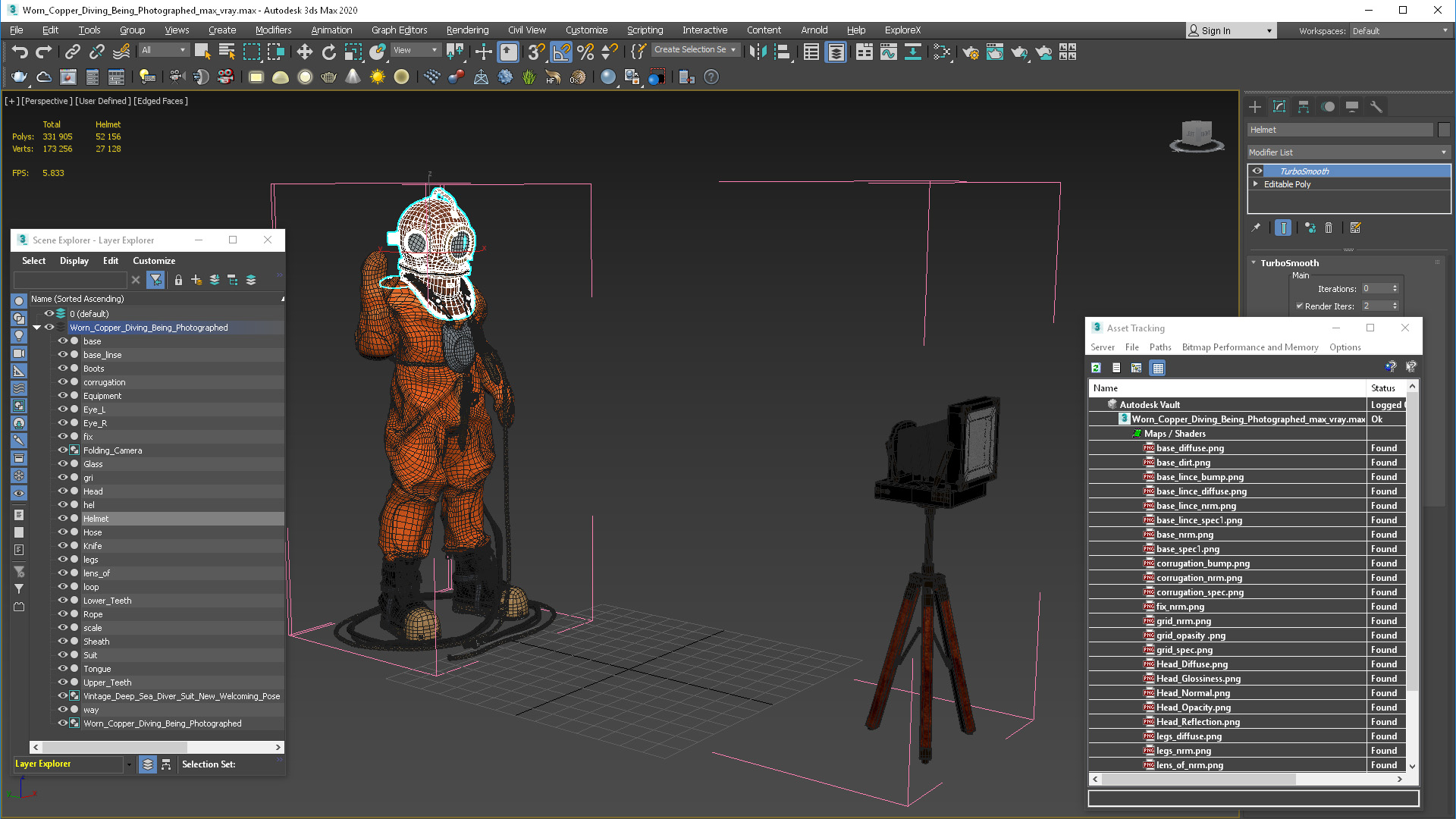 Worn Copper Diving Being Photographed 3D