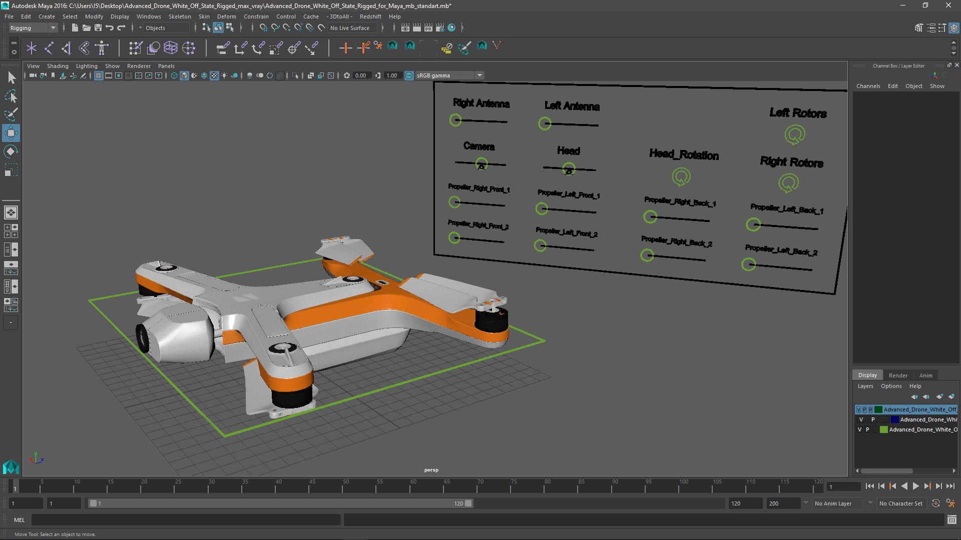 3D Advanced Drone White Off State Rigged for Maya
