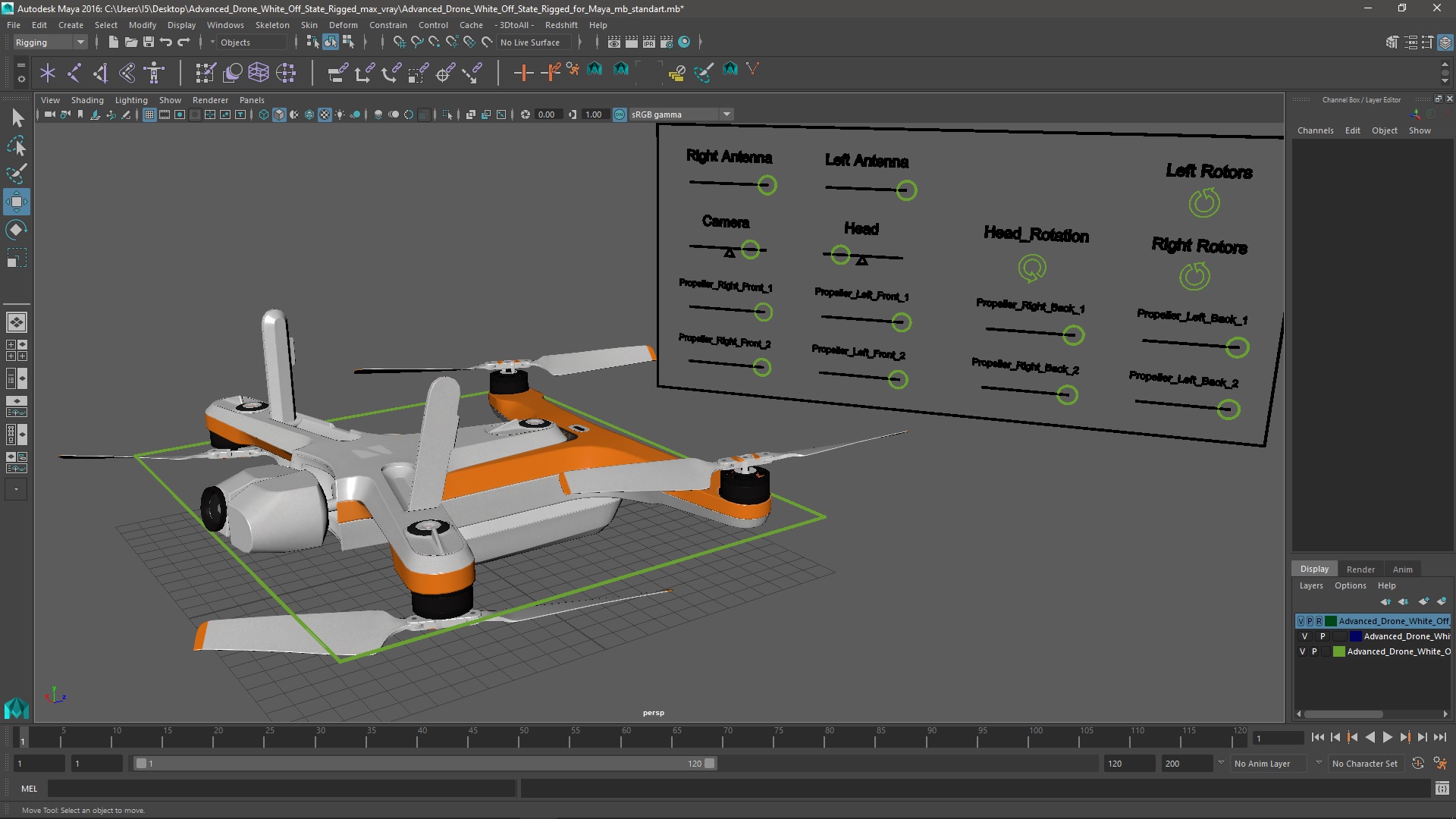 3D Advanced Drone White Off State Rigged for Maya