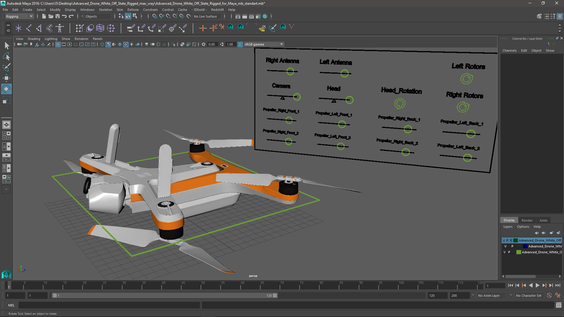 3D Advanced Drone White Off State Rigged for Maya
