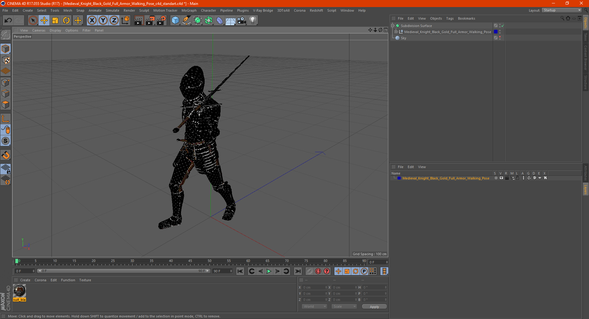3D model Medieval Knight Black Gold Full Armor Walking Pose