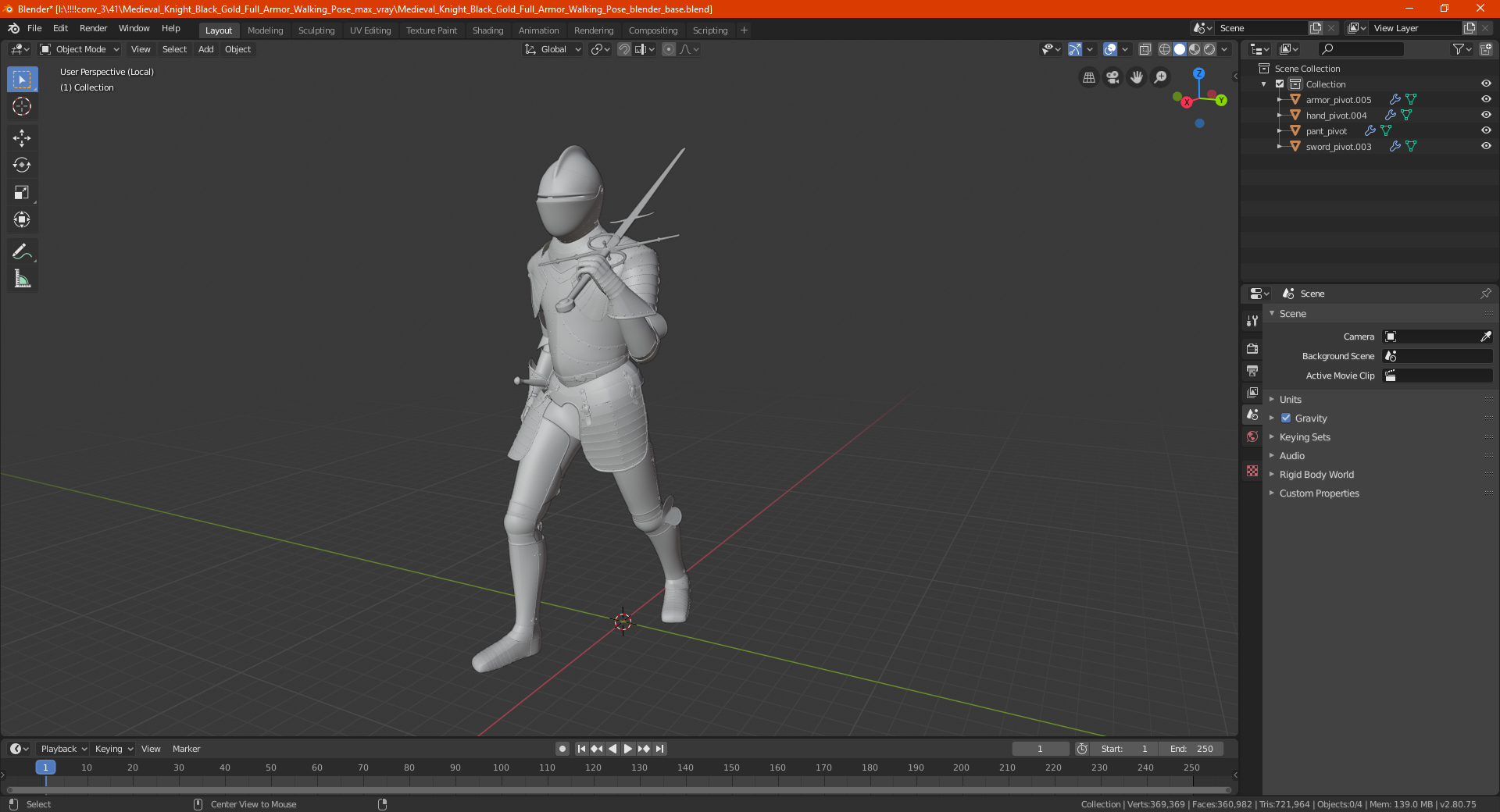 3D model Medieval Knight Black Gold Full Armor Walking Pose