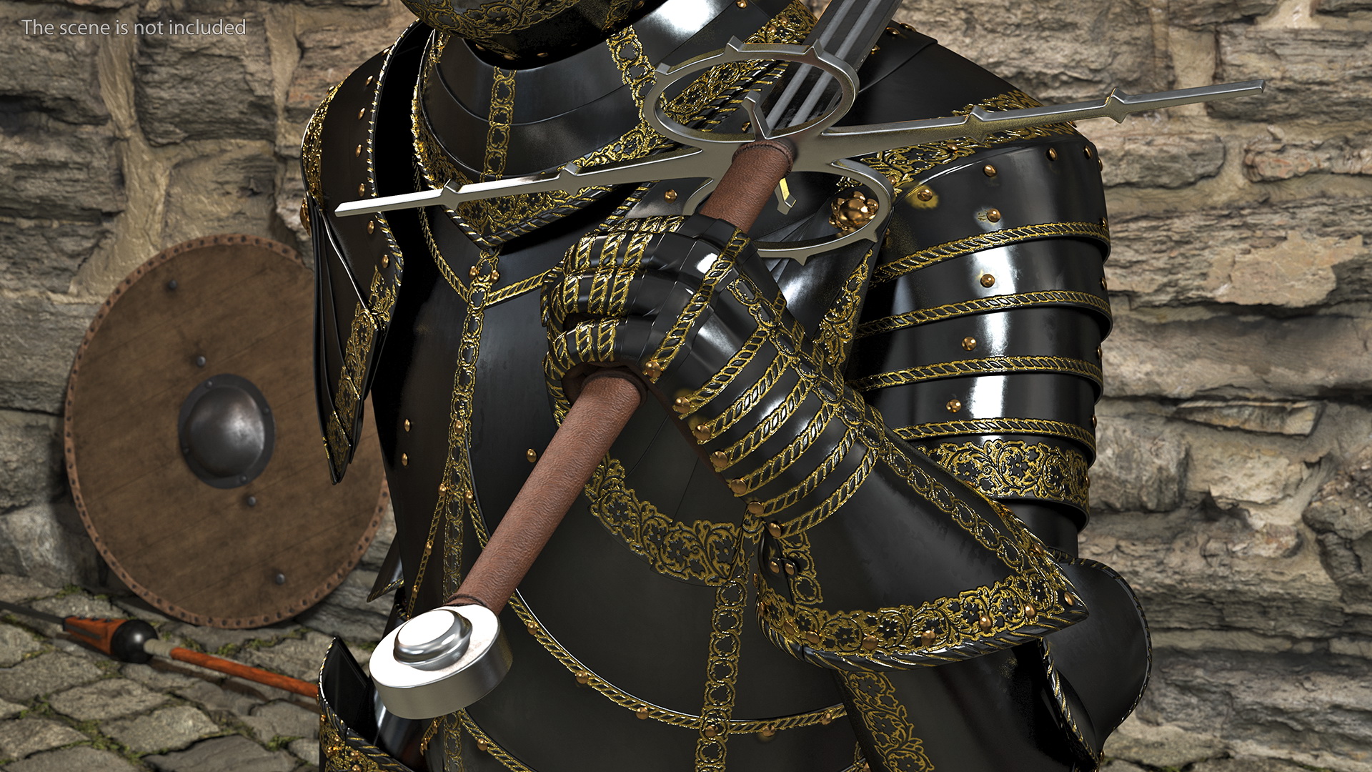 3D model Medieval Knight Black Gold Full Armor Walking Pose