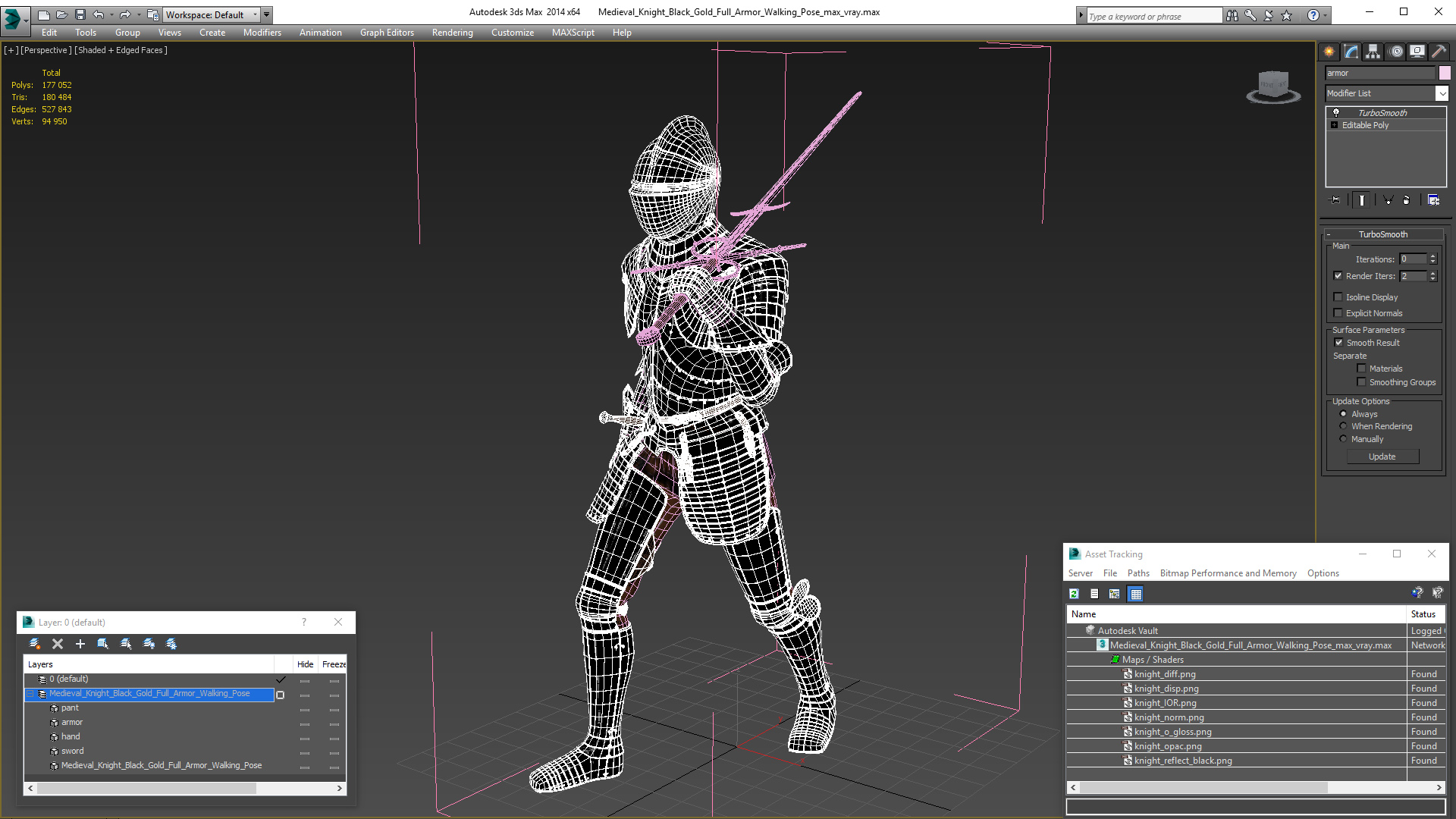 3D model Medieval Knight Black Gold Full Armor Walking Pose